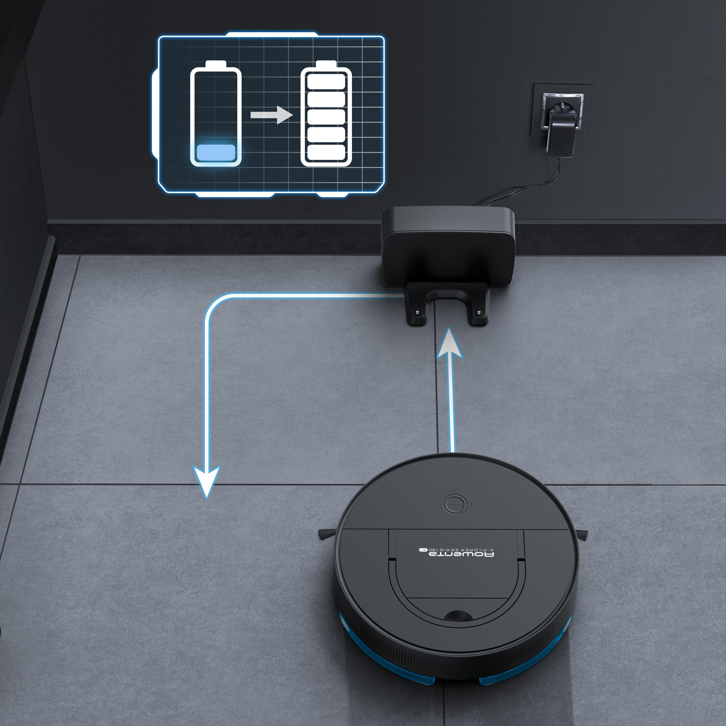 Roboter-Staubsauger auf grau gefliestem Boden, lädt. Ein Diagramm zeigt den Ladevorgang.