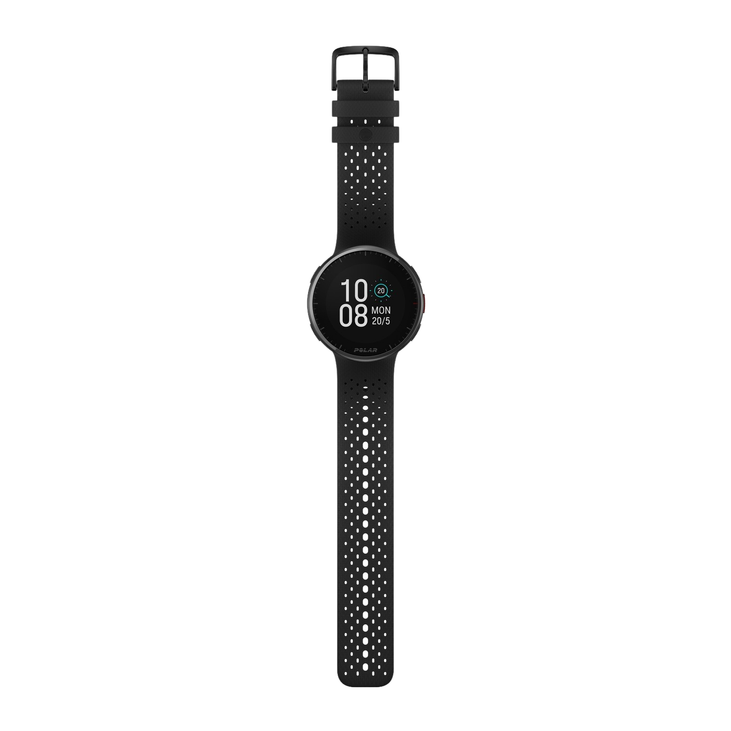 A black smartwatch with a black band, displaying the time and date.