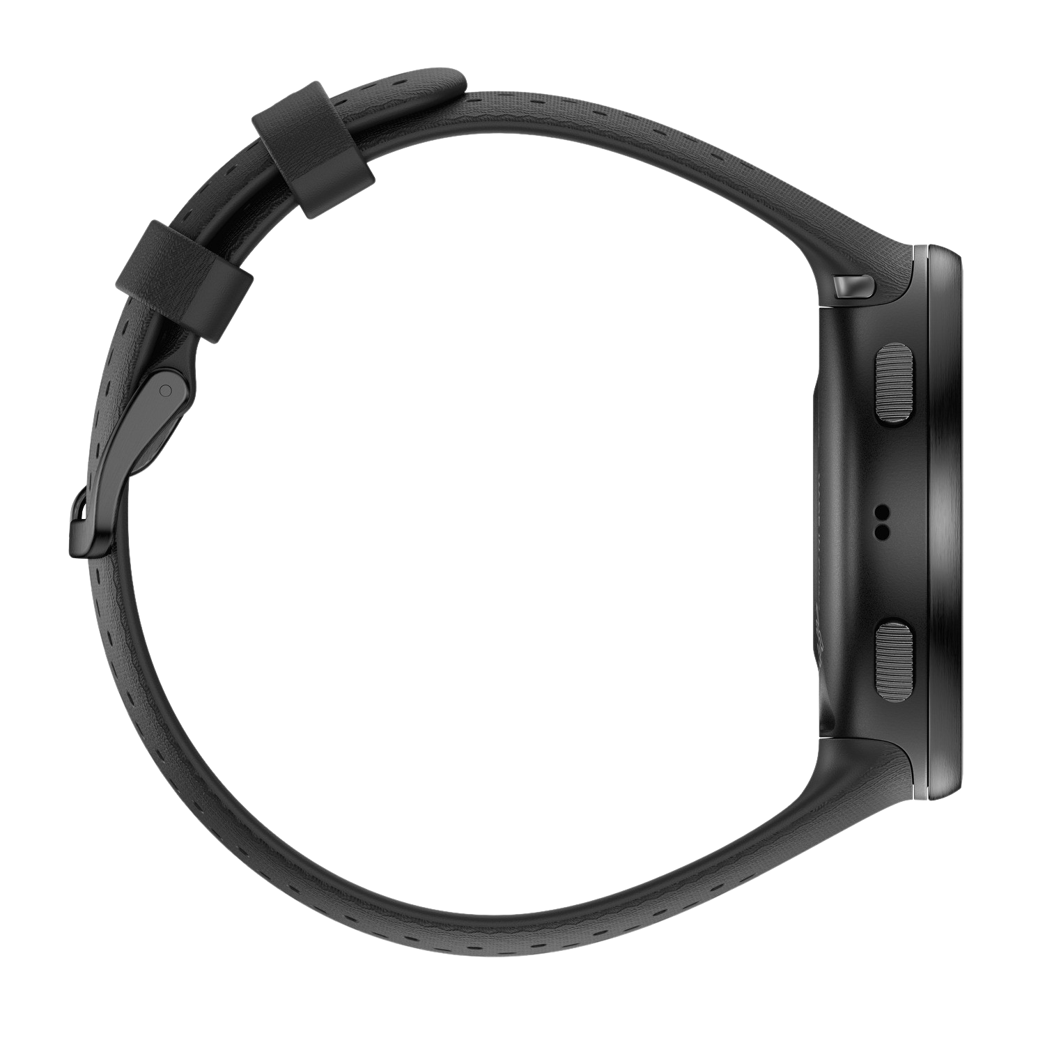 A side view of a black smartwatch with a black band. The watch has two buttons on the right side.