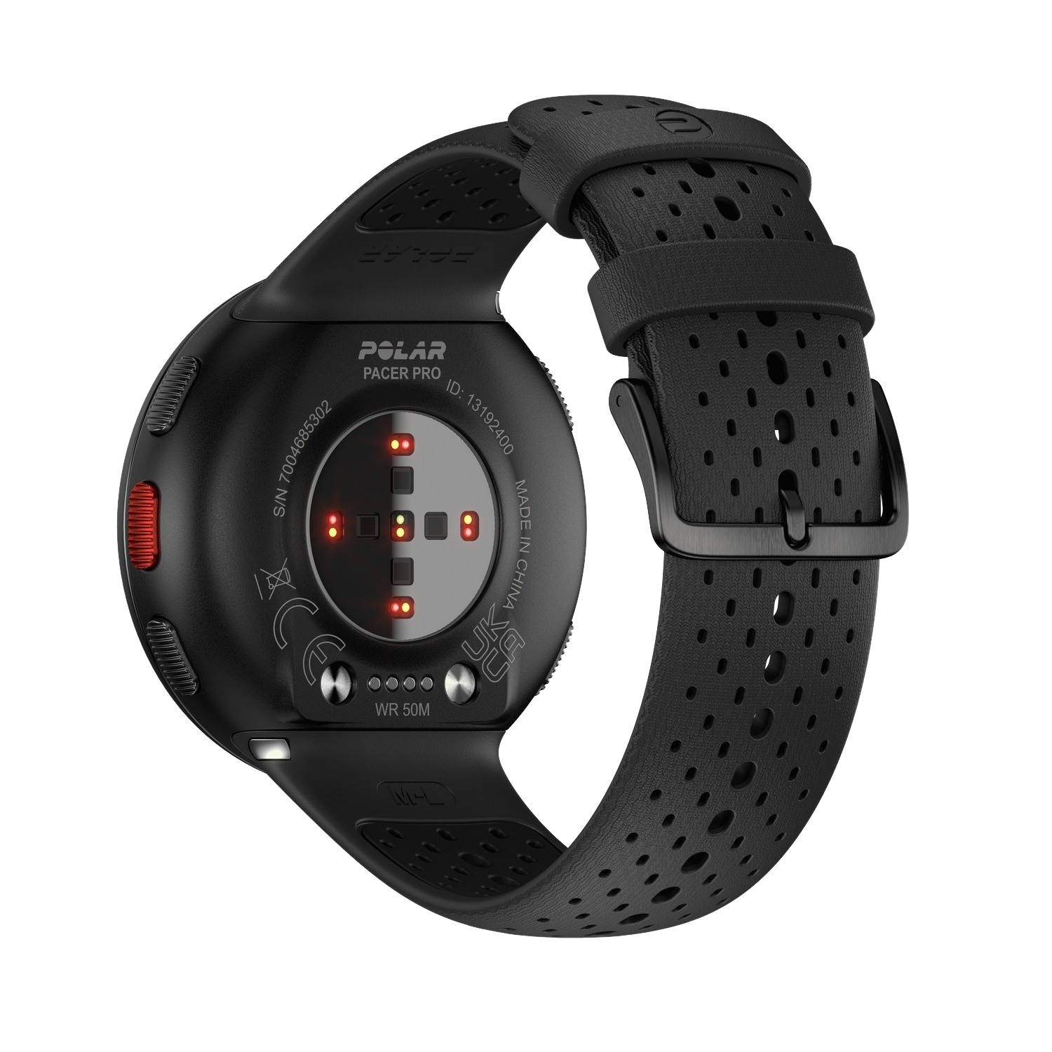 The back of a black smartwatch with red dots.