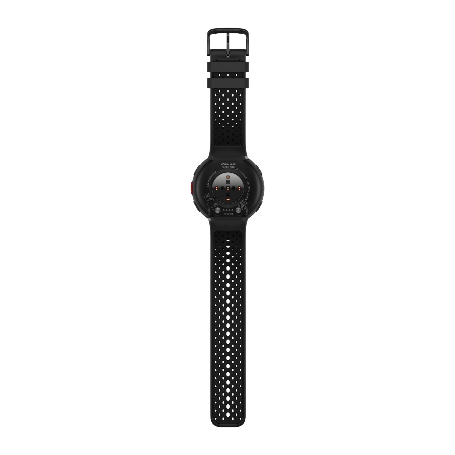 A black smartwatch band with white dots. The watch body is visible with sensors and labels.