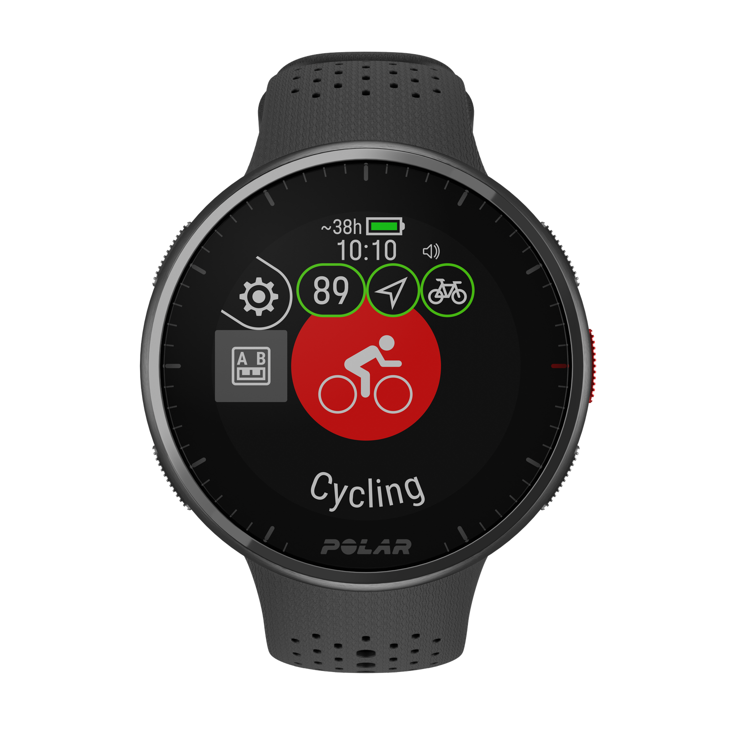 Smartwatch with cycling activity displayed. Shows time, battery, and cycling icon with a red circle.