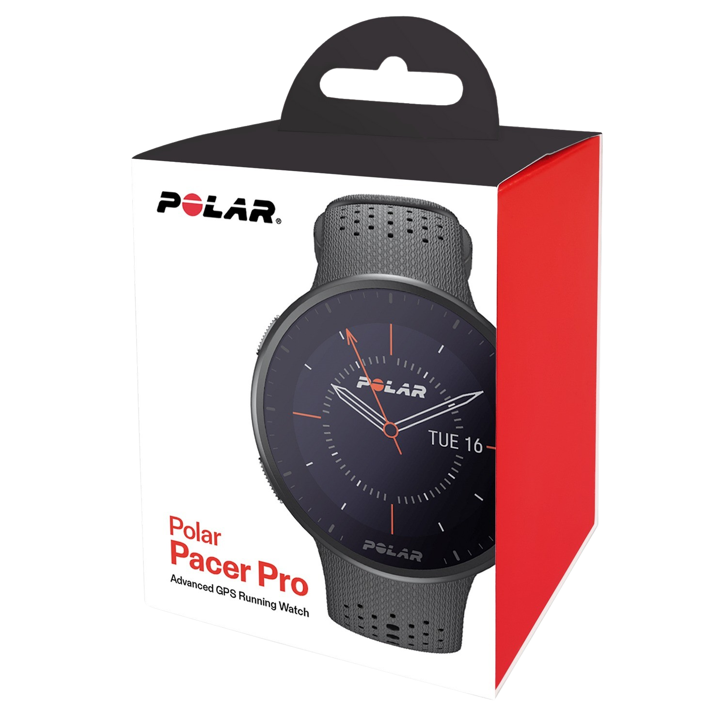 Polar Pacer Pro watch in box. Watch is dark gray, with black band, and the box is white and red.