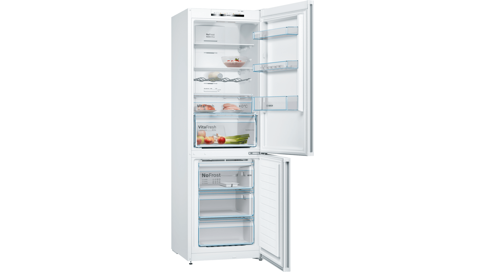 Un refrigerador blanco con ambas puertas abiertas, mostrando estantes y alimentos.