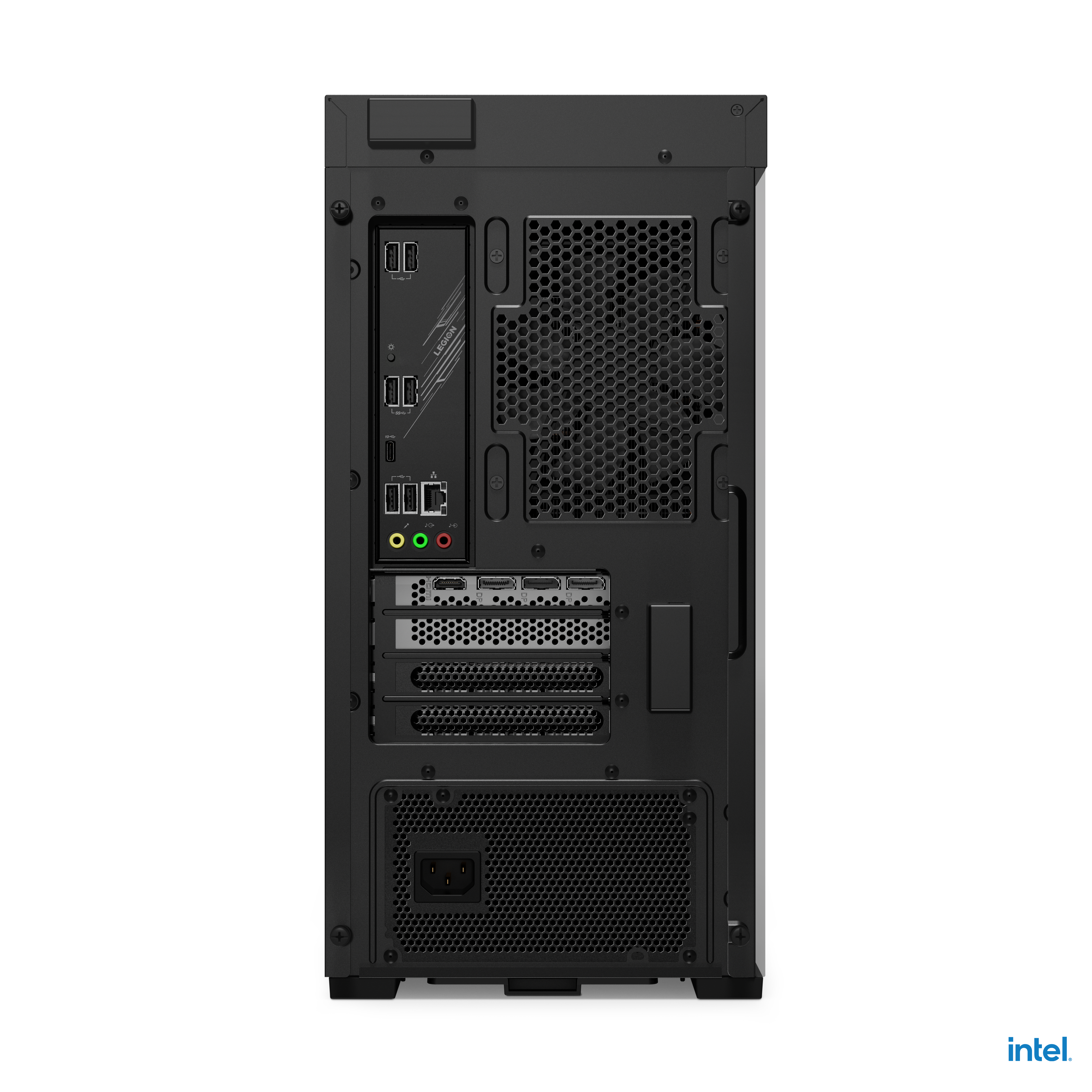 Parte trasera de torre de PC negra con puertos: USB, audio, HDMI, alimentación. Tiene ventilación y área de fuente de alimentación. Logo Intel abajo a la derecha.