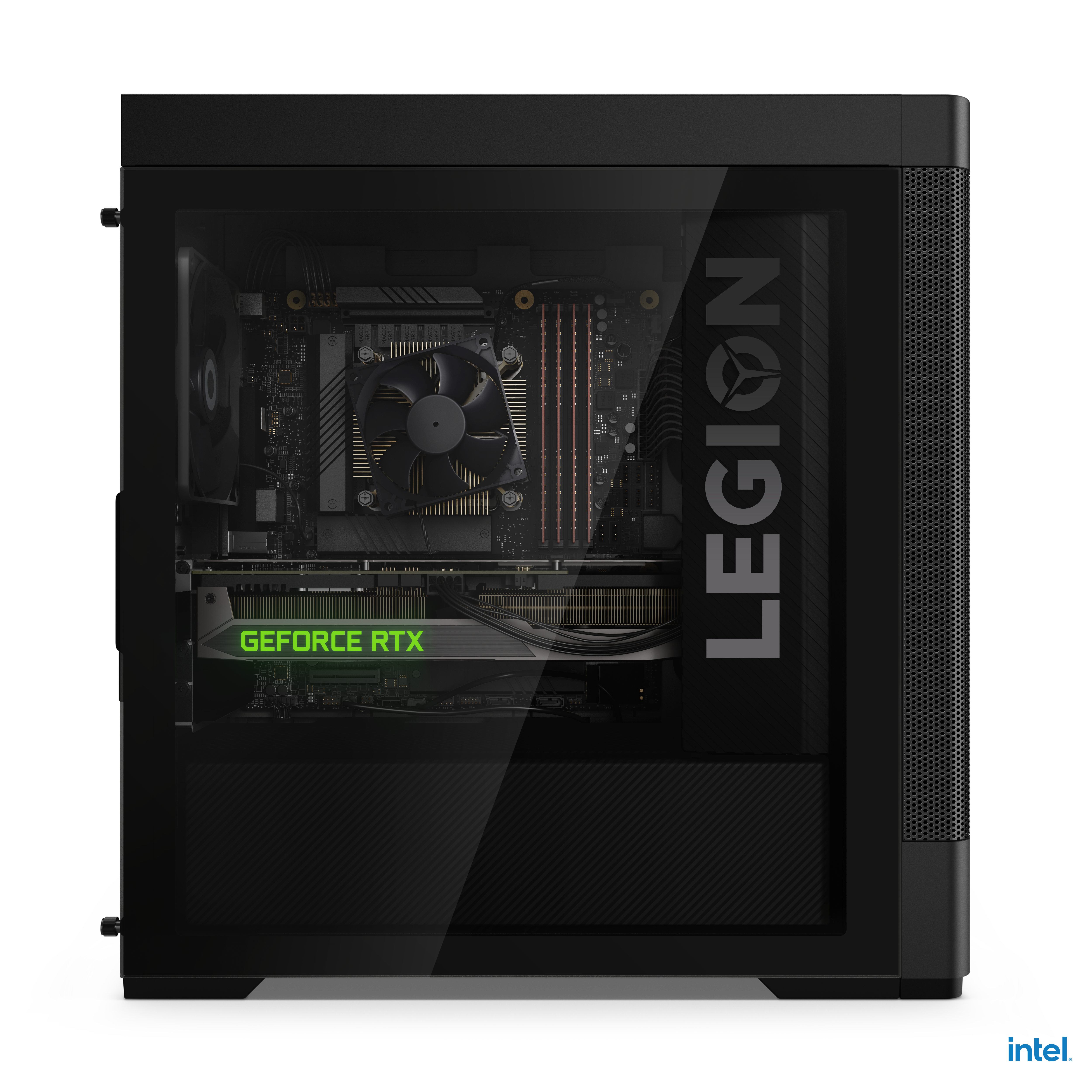 Una caja de computadora negra con el nombre LEGION en el costado y una vista del interior.