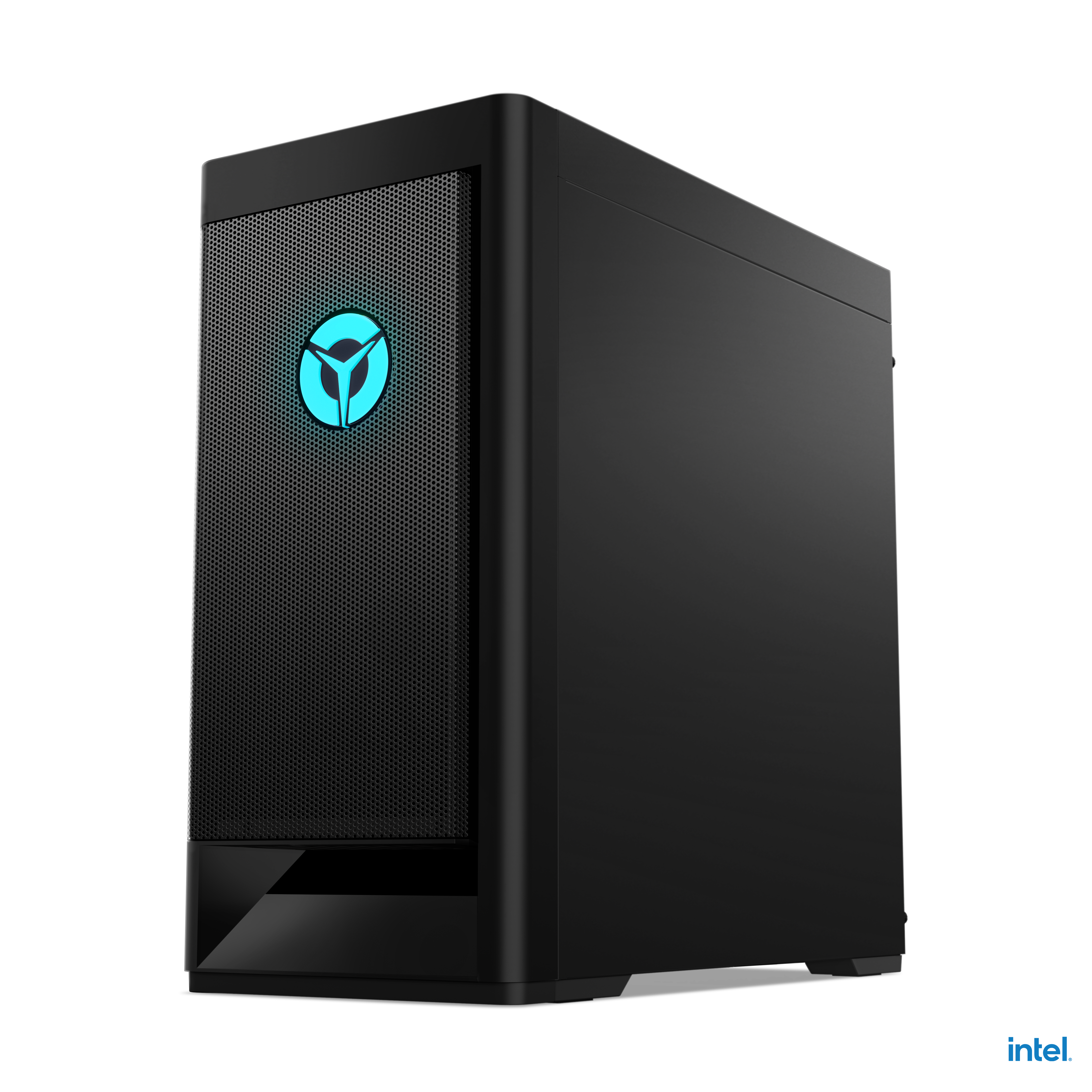 Una computadora de escritorio negra con una luz azul en el frente y un logotipo de Intel en el lateral.