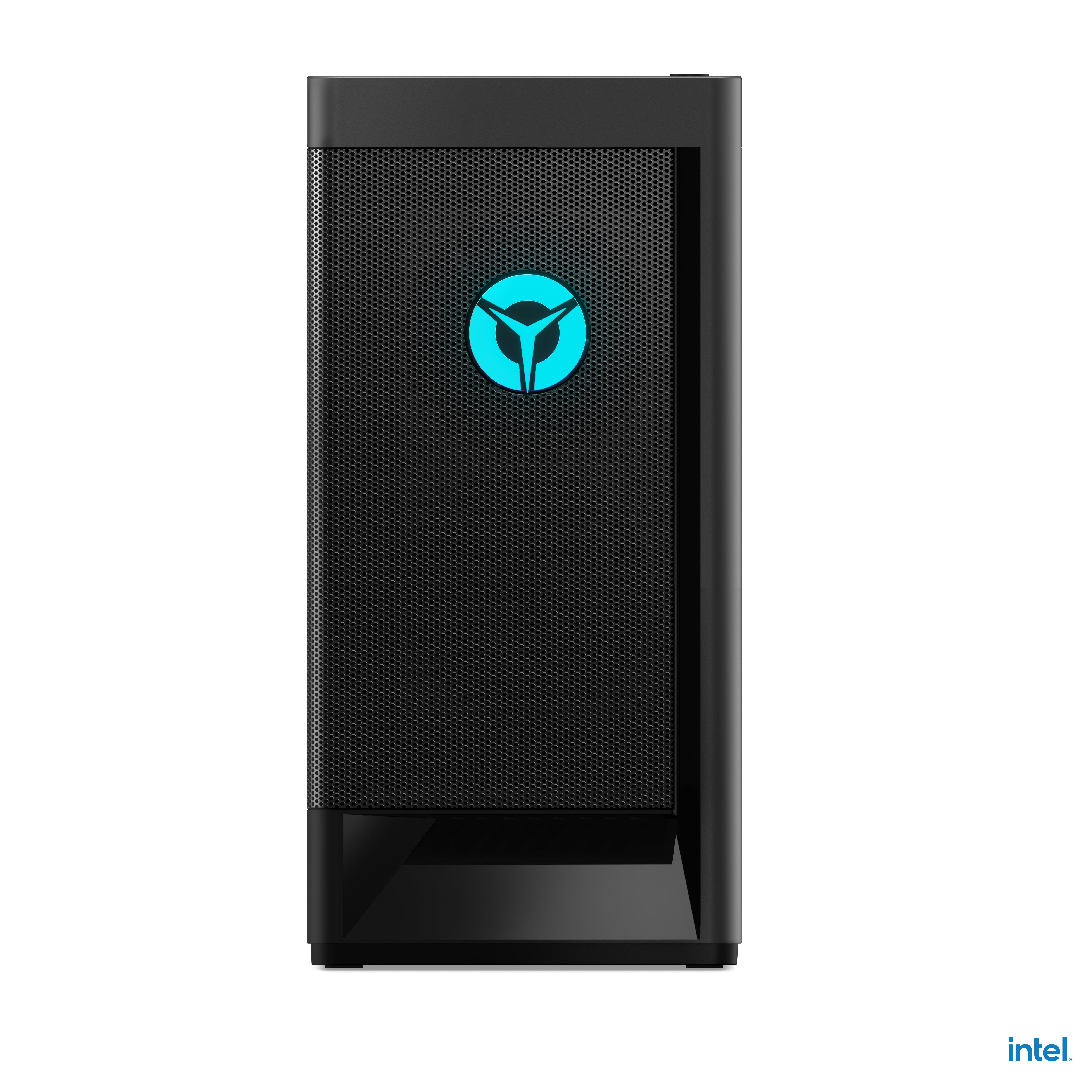 Una carcasa negra para PC Lenovo Legion con un logotipo verde azulado. La carcasa tiene un panel frontal de malla y una base negra. El fondo es negro.