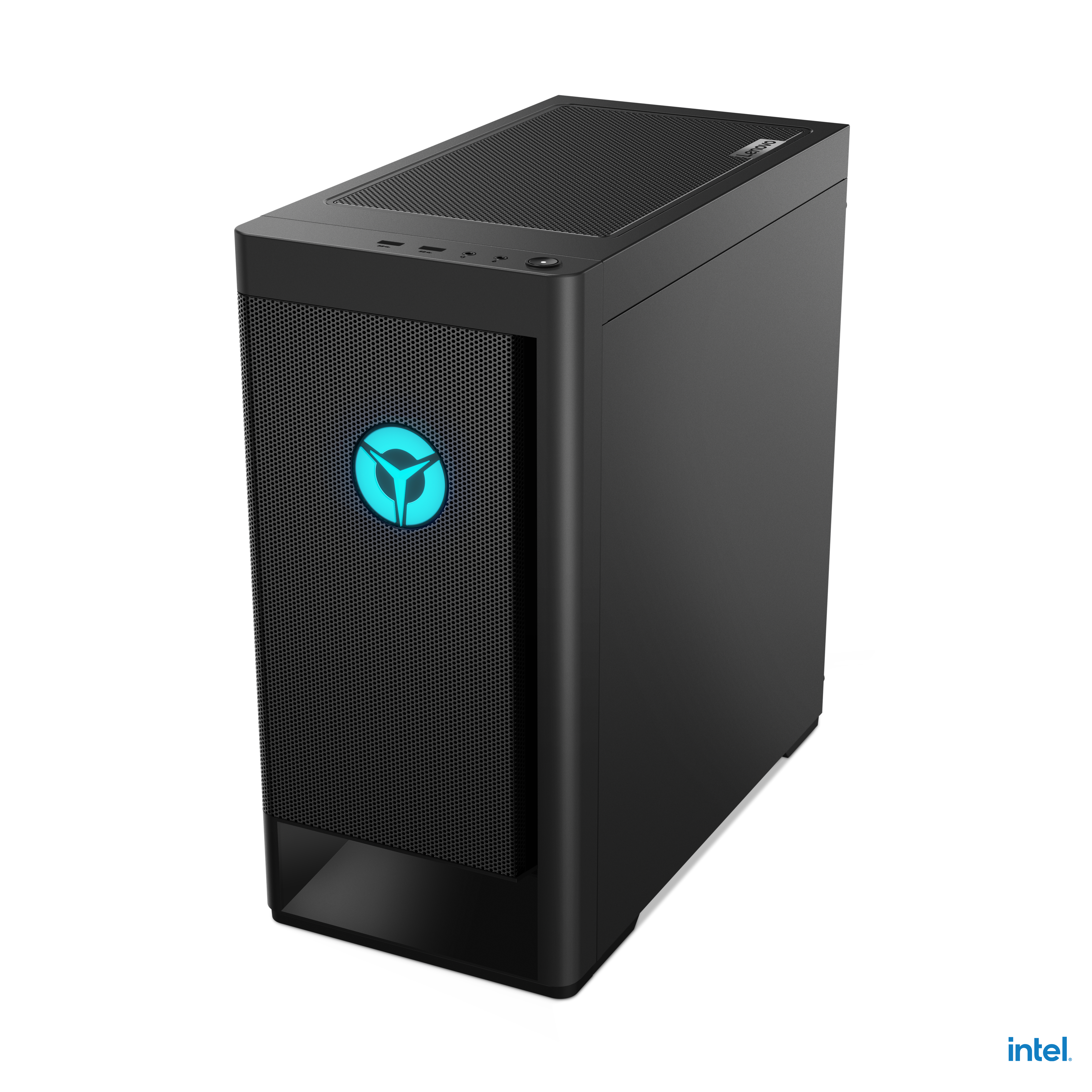 Torre de PC Lenovo Legion negra con logo azul iluminado, sobre fondo blanco.