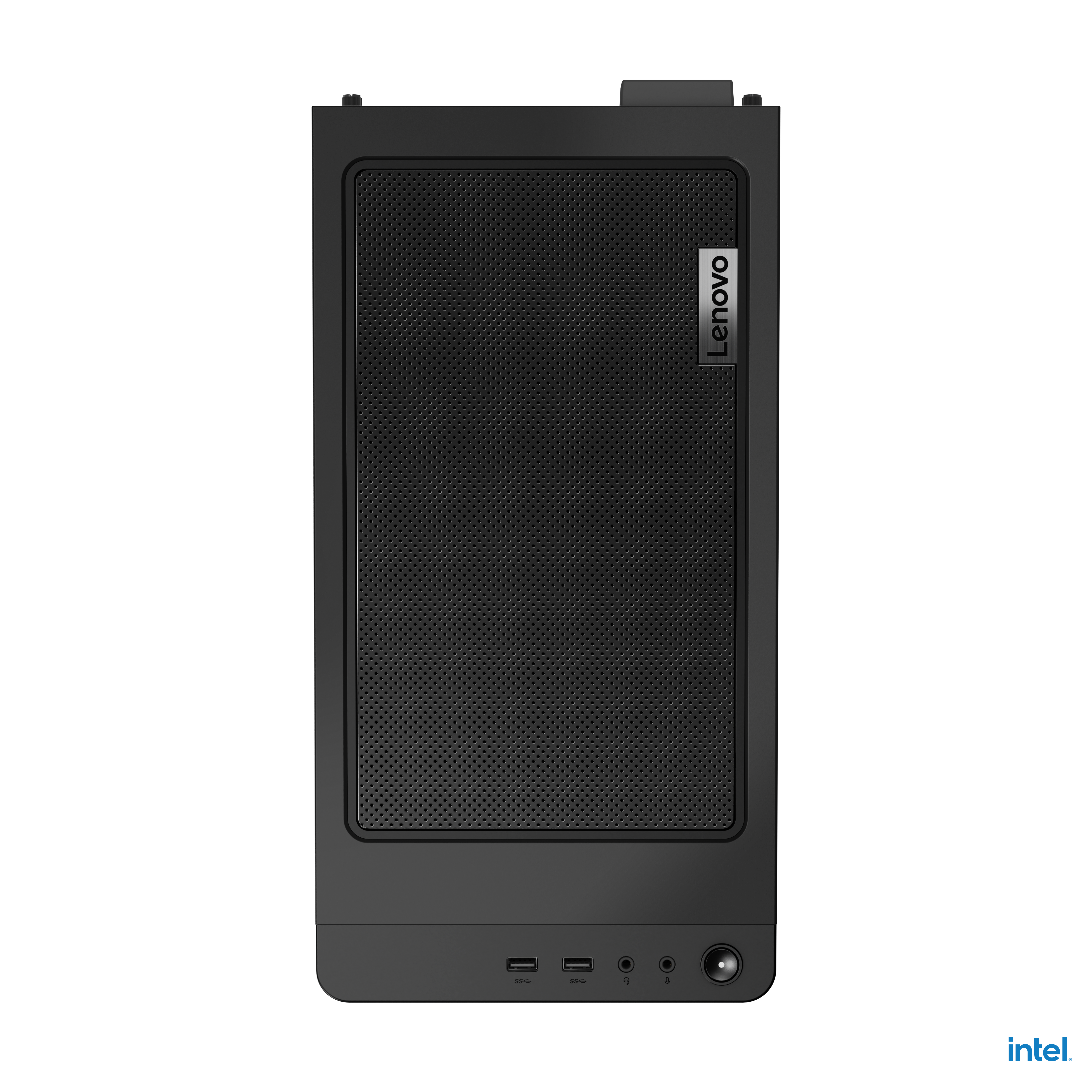 Una carcasa de ordenador de sobremesa Lenovo negra. Tiene una parte frontal de malla y un logotipo de Lenovo. El fondo es negro.