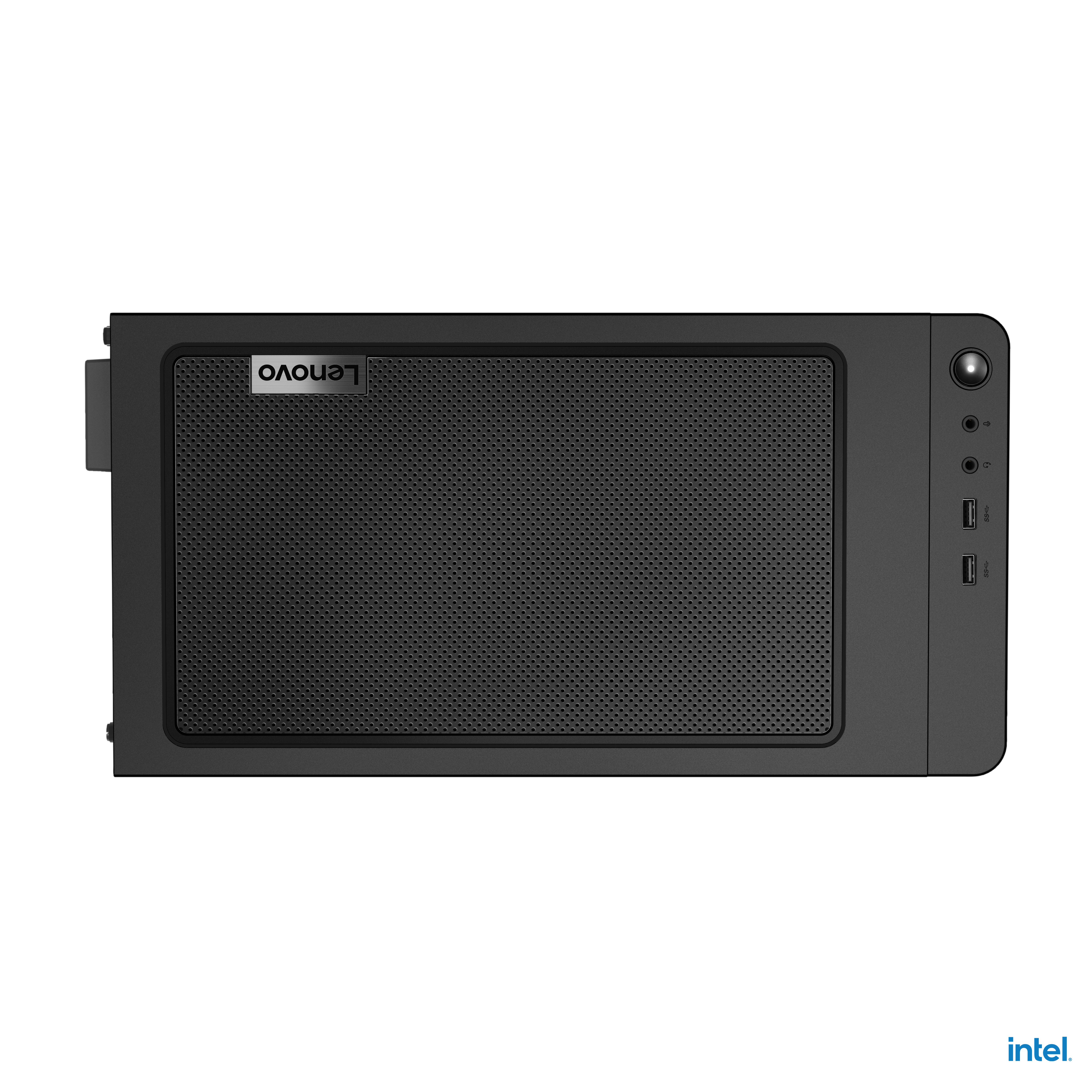 Imagen muestra un componente de computadora negro con el logotipo de Lenovo y algunos puertos.