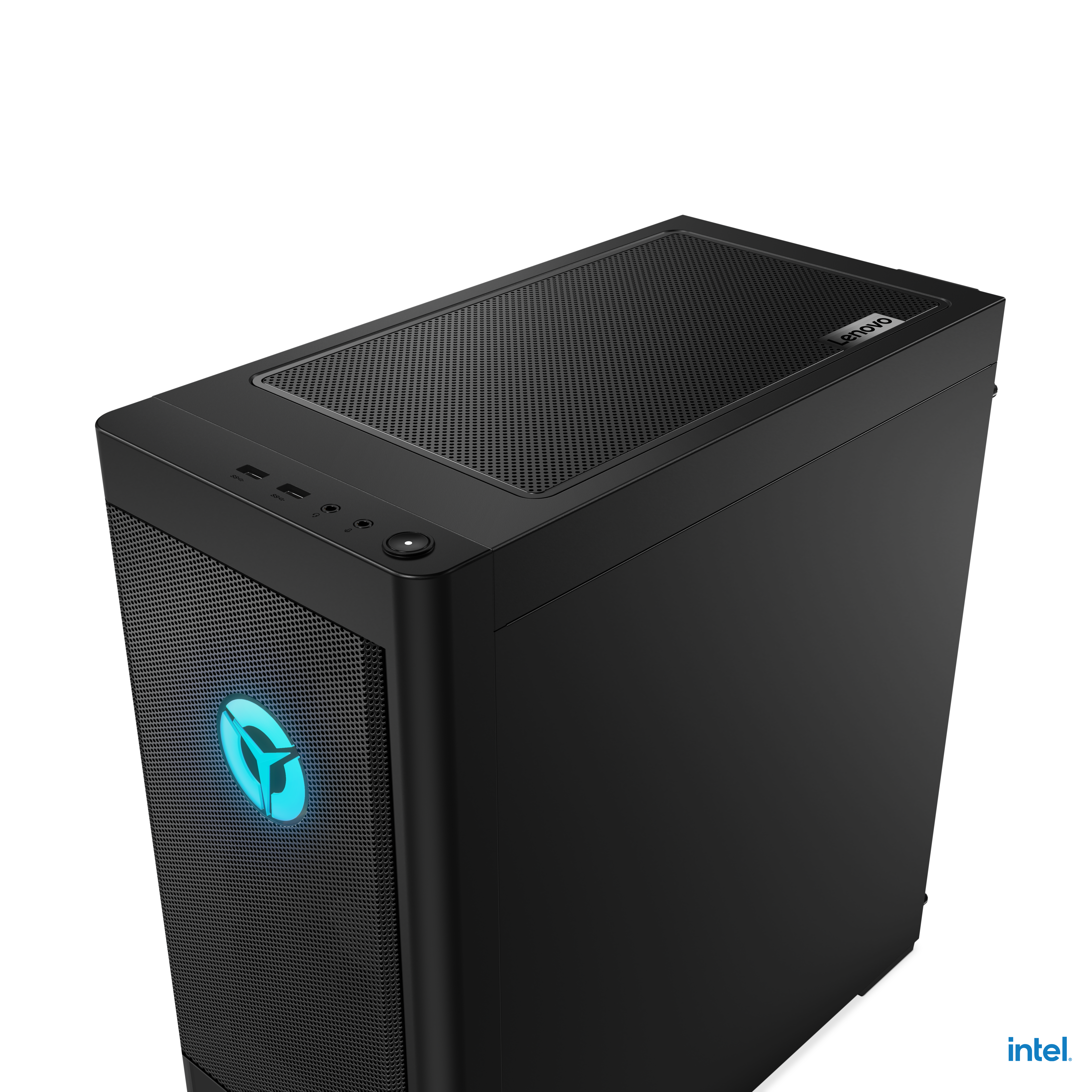 Ordenador de sobremesa Lenovo negro con luz azul, mostrando el panel frontal y el logo de intel.