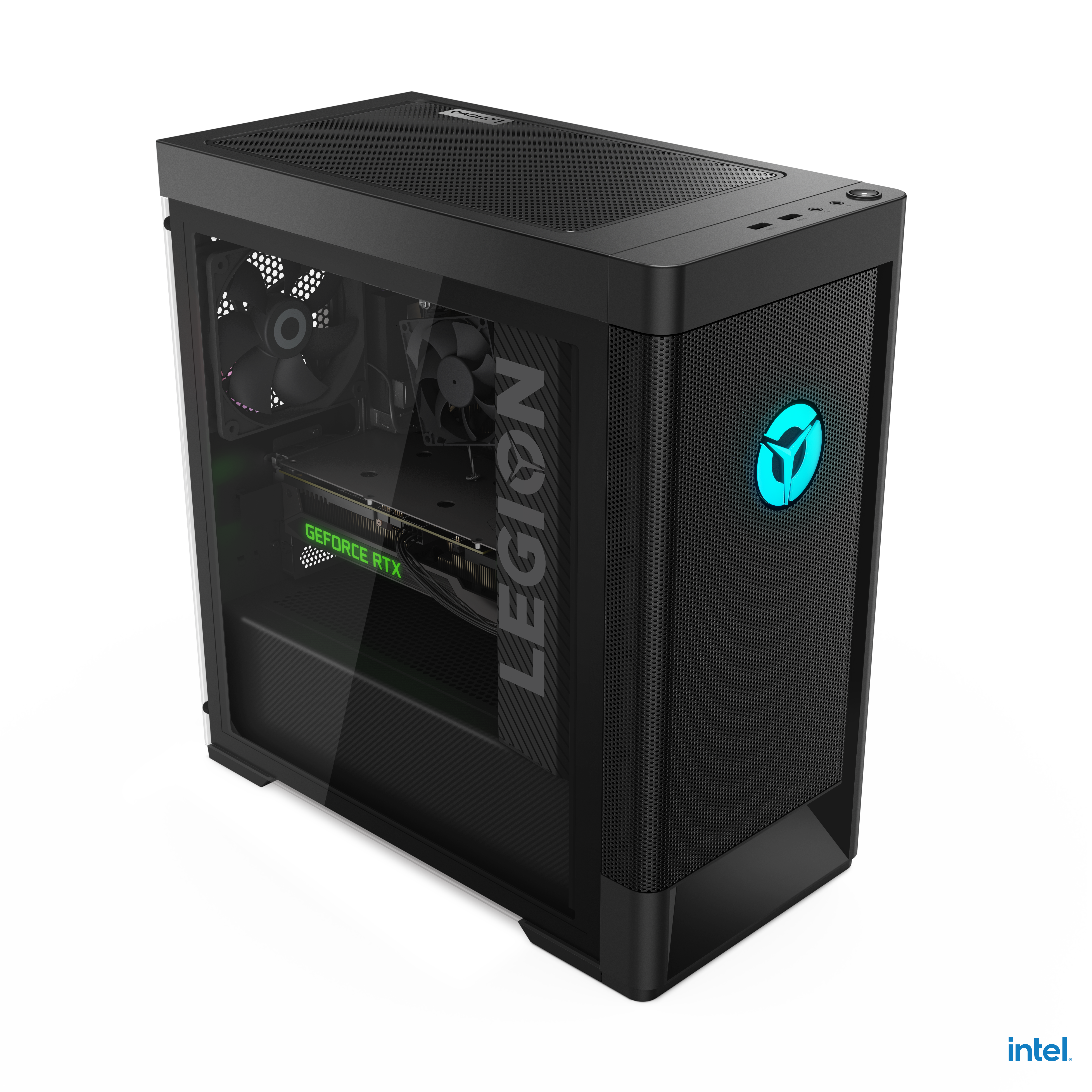 Un PC para juegos Legion negro con un panel lateral de vidrio y un logotipo azul brillante.