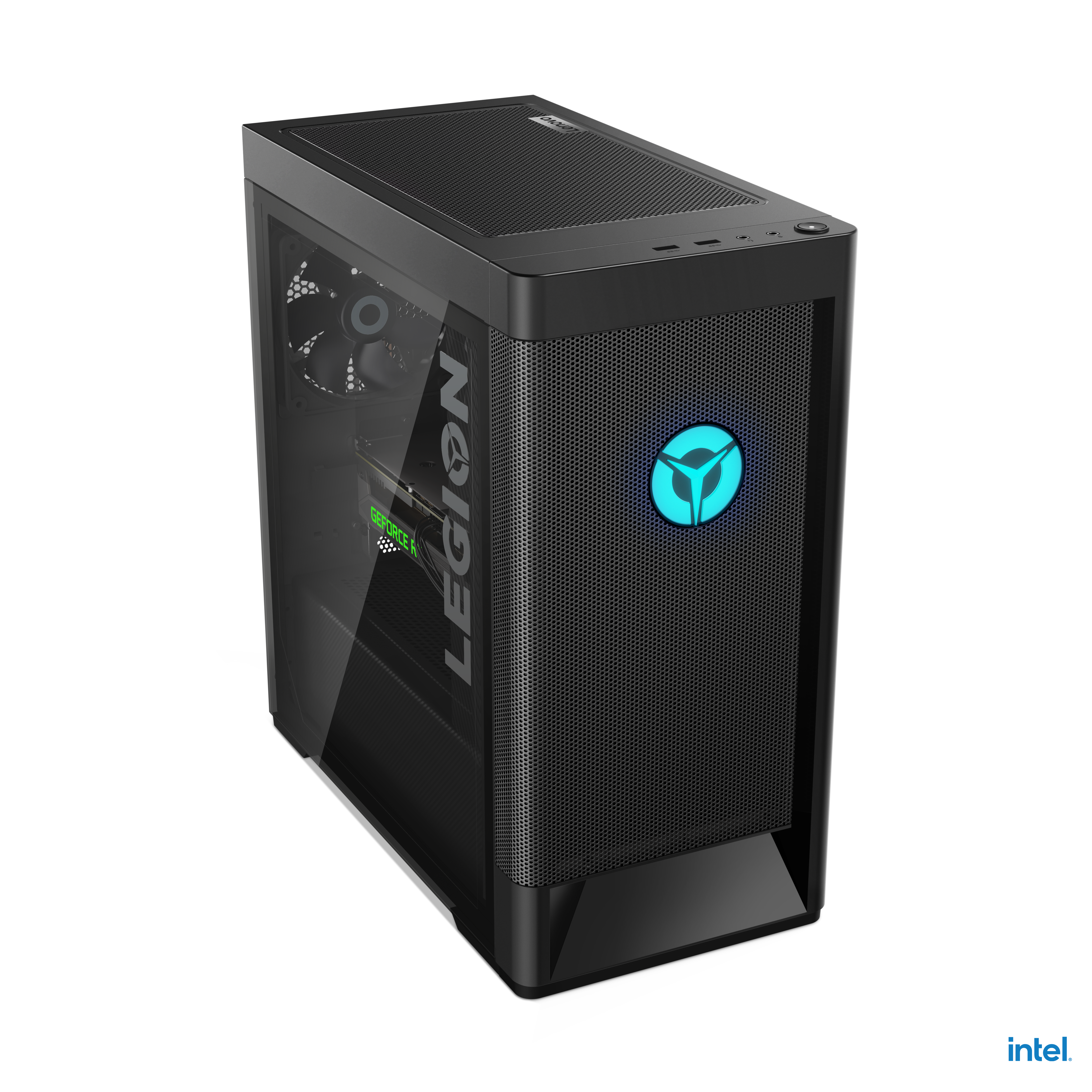 Una torre de ordenador de sobremesa negra con panel lateral transparente y logotipo azul brillante.