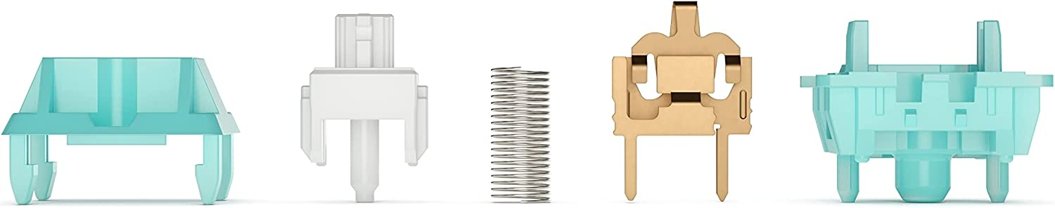 Zerlegte mechanische Tastaturschalter, Teile zeigend: Gehäuse, Schaft, Feder und Kontakte.