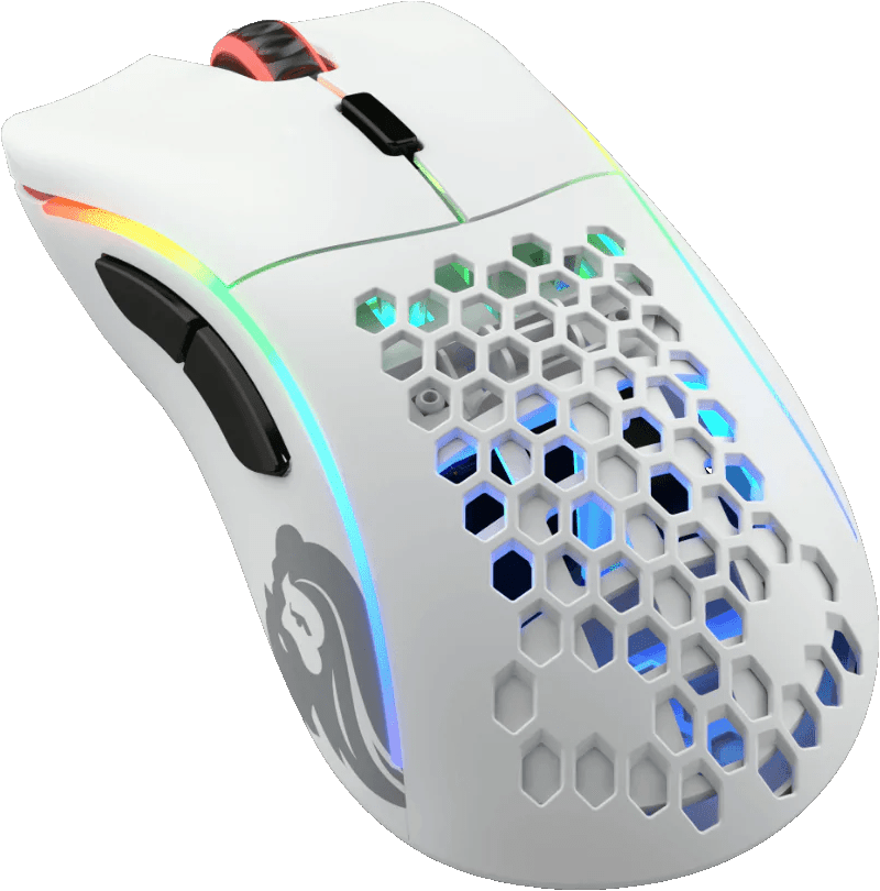 Eine weiße Gaming-Maus mit Wabenmuster, RGB-Beleuchtung und einem Logo.