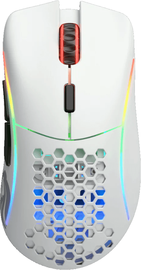 Eine weiße Gaming-Maus mit Wabenmuster, RGB-Beleuchtung und mehreren Tasten.