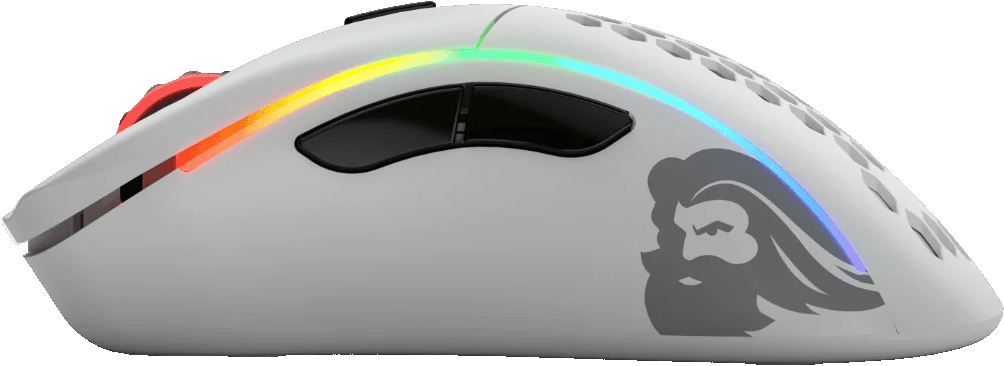 Weiße Gaming-Maus mit RGB-Beleuchtung und einem Seitenlogo.