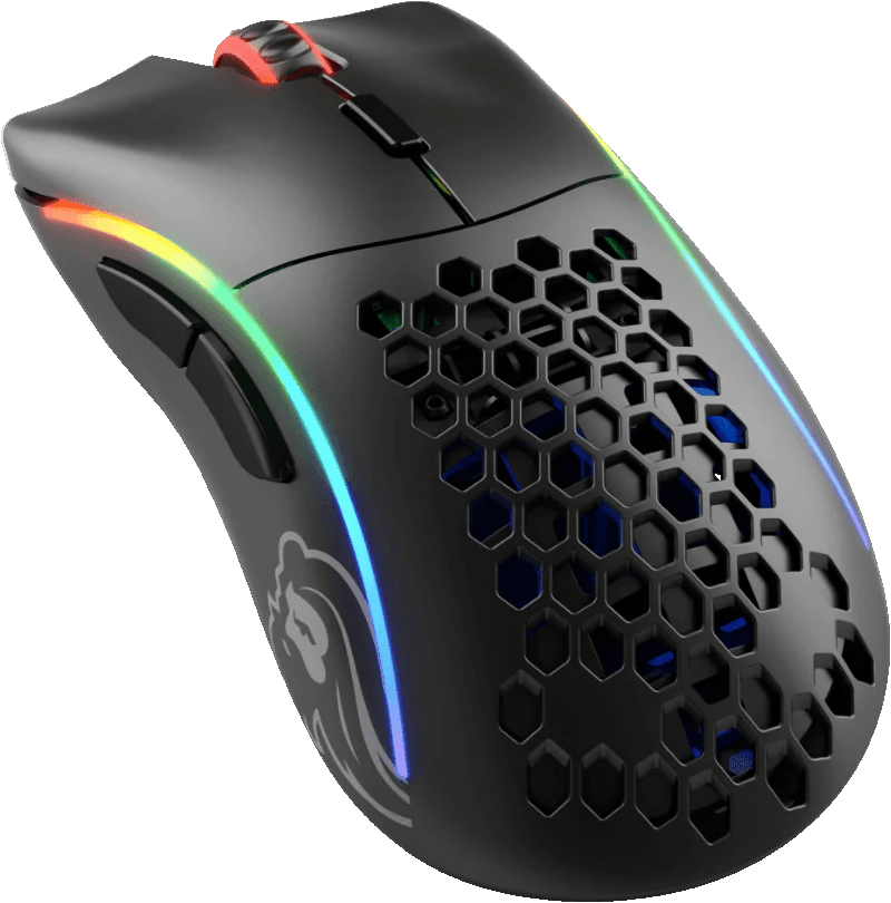 Schwarze Gaming-Maus mit Wabenmuster und RGB-Beleuchtung. Hintergrund: schwarz. Vordergrund: Maus.