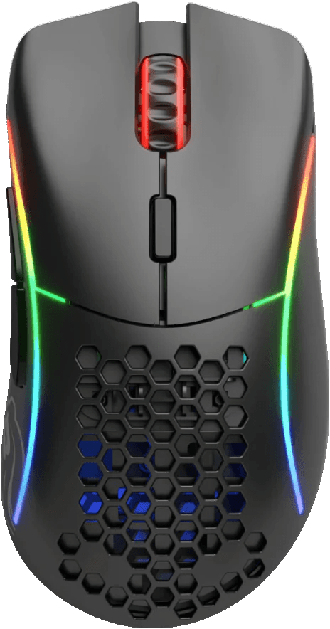 Schwarze Gaming-Maus mit RGB-Beleuchtung, Wabenmuster.