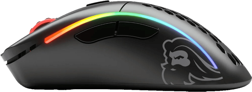 Eine schwarze Gaming-Maus mit Regenbogen-LED und Logo an der Seite.