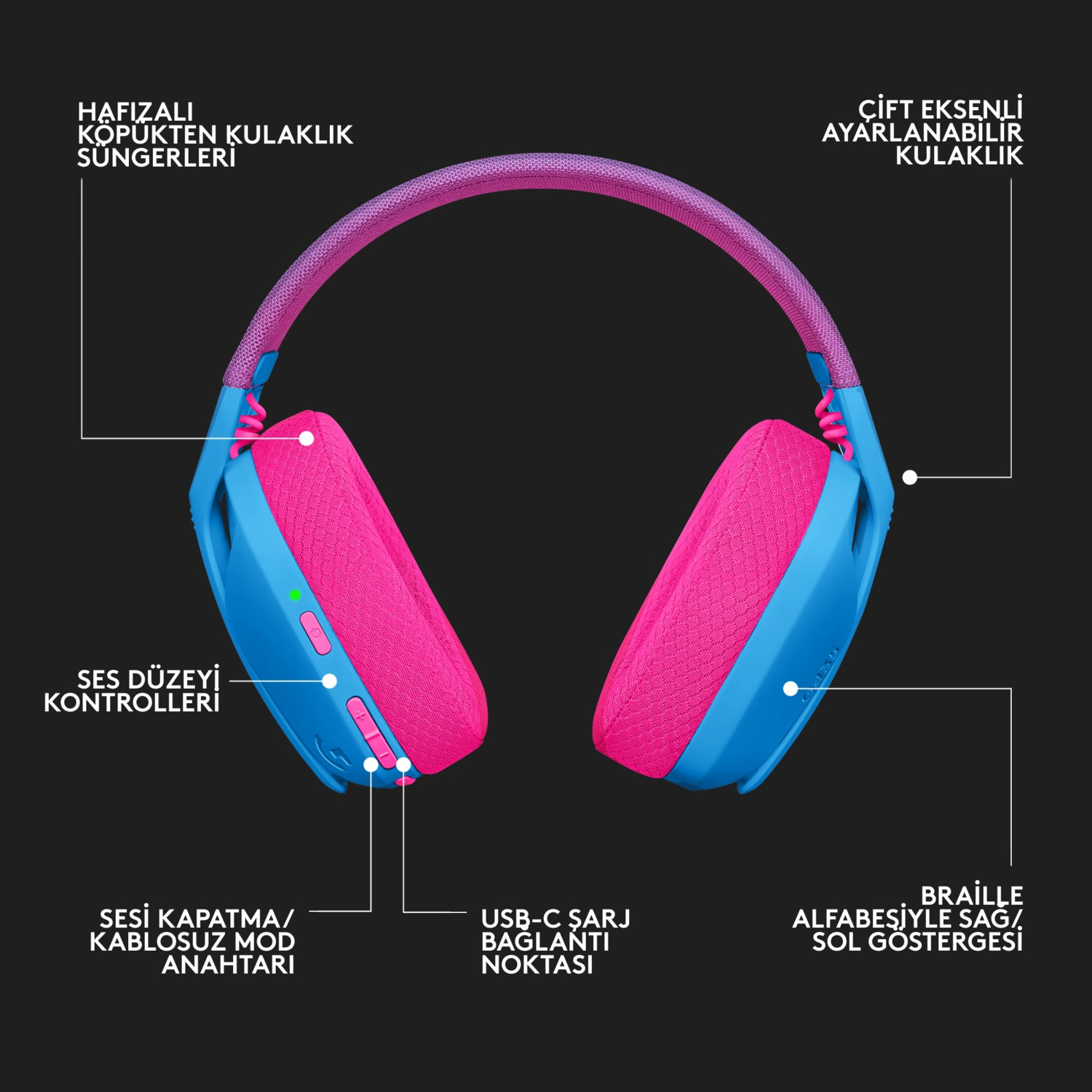 Mavi ve pembe oyun kulaklığı, ayrıntılı. Ses kontrolü ve USB-C bağlantı noktası içerir.