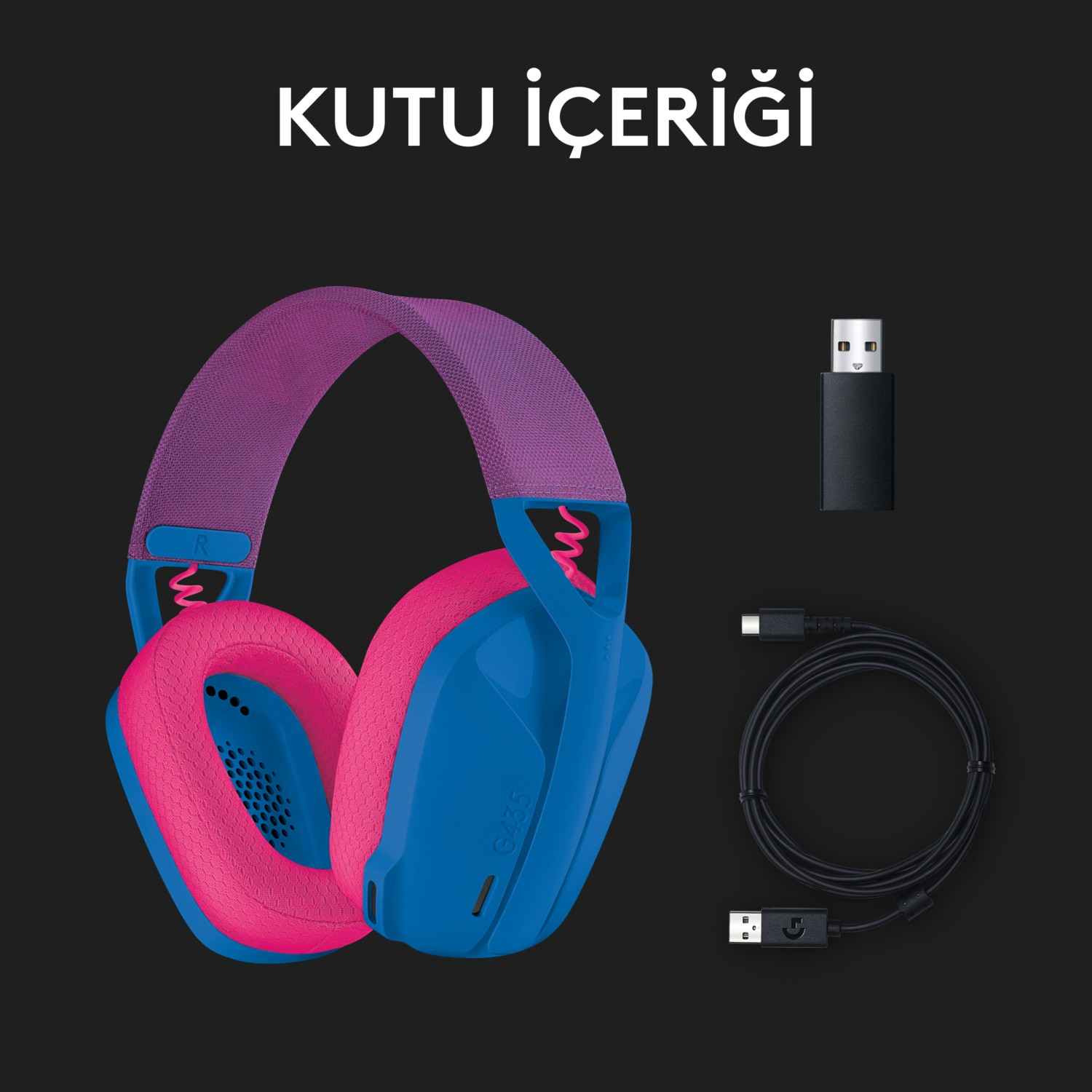 Mavi ve pembe bir kulaklık, bir USB alıcısı, şarj kablosu ve bir USB kablosu. Metin 'KUTU İÇERİĞİ' diyor.