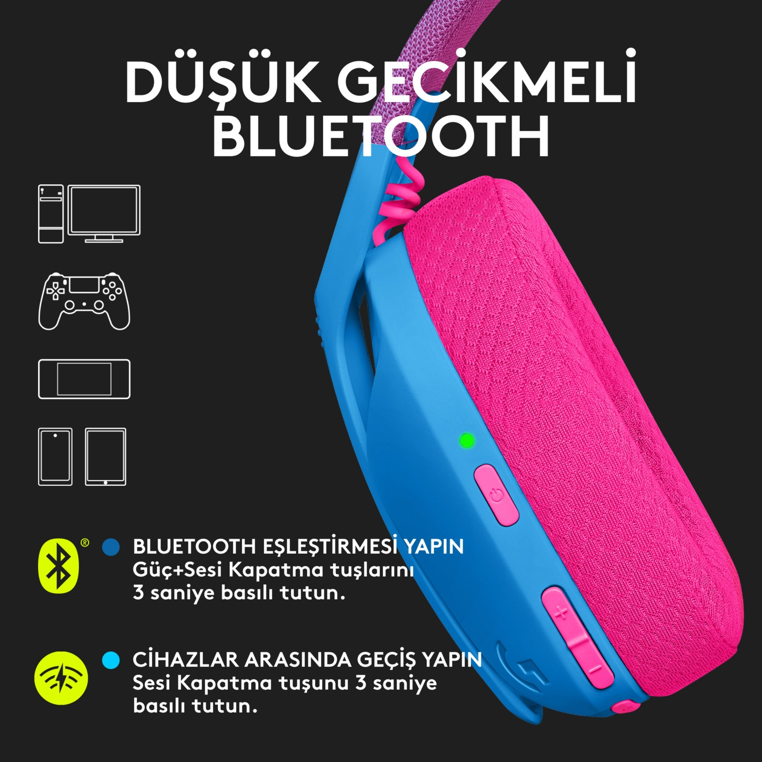 Mavi ve pembe kablosuz kulaklık. Grafikler Bluetooth, güç ve cihaz değiştirme özelliklerini gösteriyor.