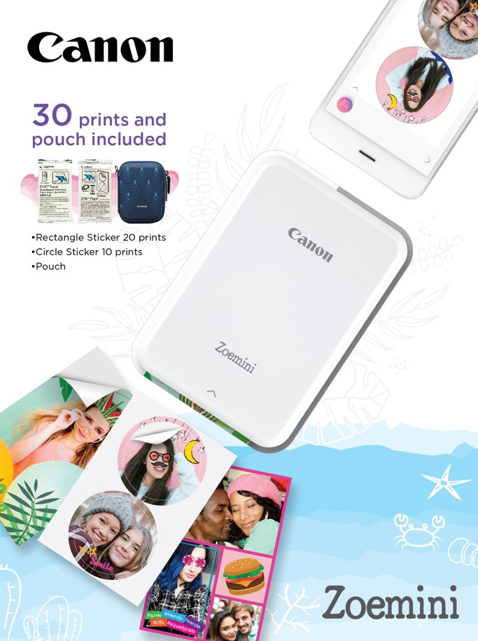 CANON Imprimante photo portable Zoemini White/Silver + Housse de transport & Papier photo autocollant (3204C072AB) Imprimante photo portable
