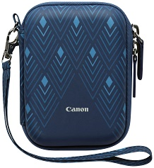 Étui d'appareil photo bleu marine avec motif géométrique et sangle.