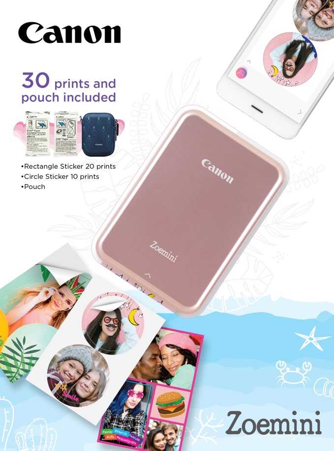 CANON Imprimante photo portable Zoemini Pink/Gold + Housse de transport & Papier photo autocollant (3204C070AB) Imprimante photo portable
