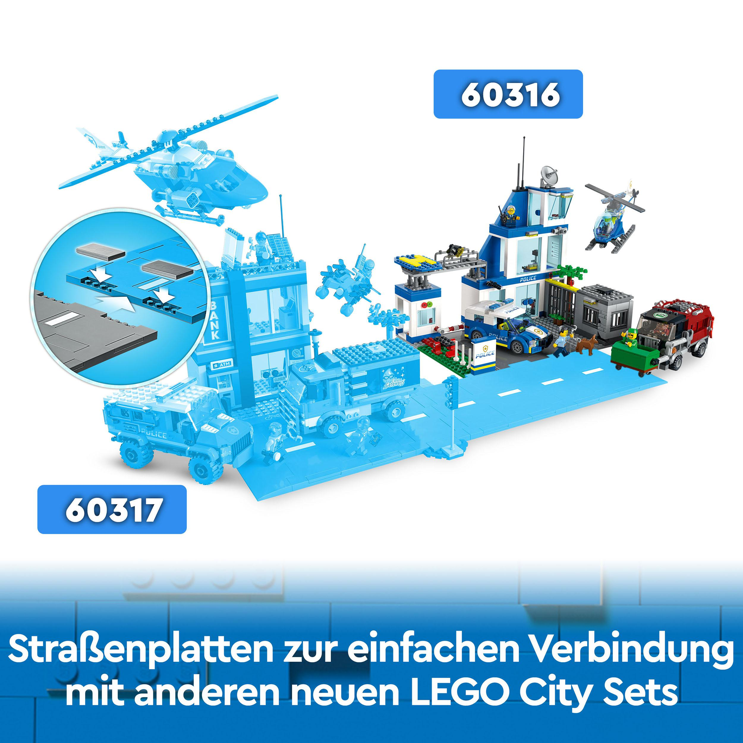 Ein LEGO City Set mit Polizeistation, Bank und anderen Gebäuden und Text.