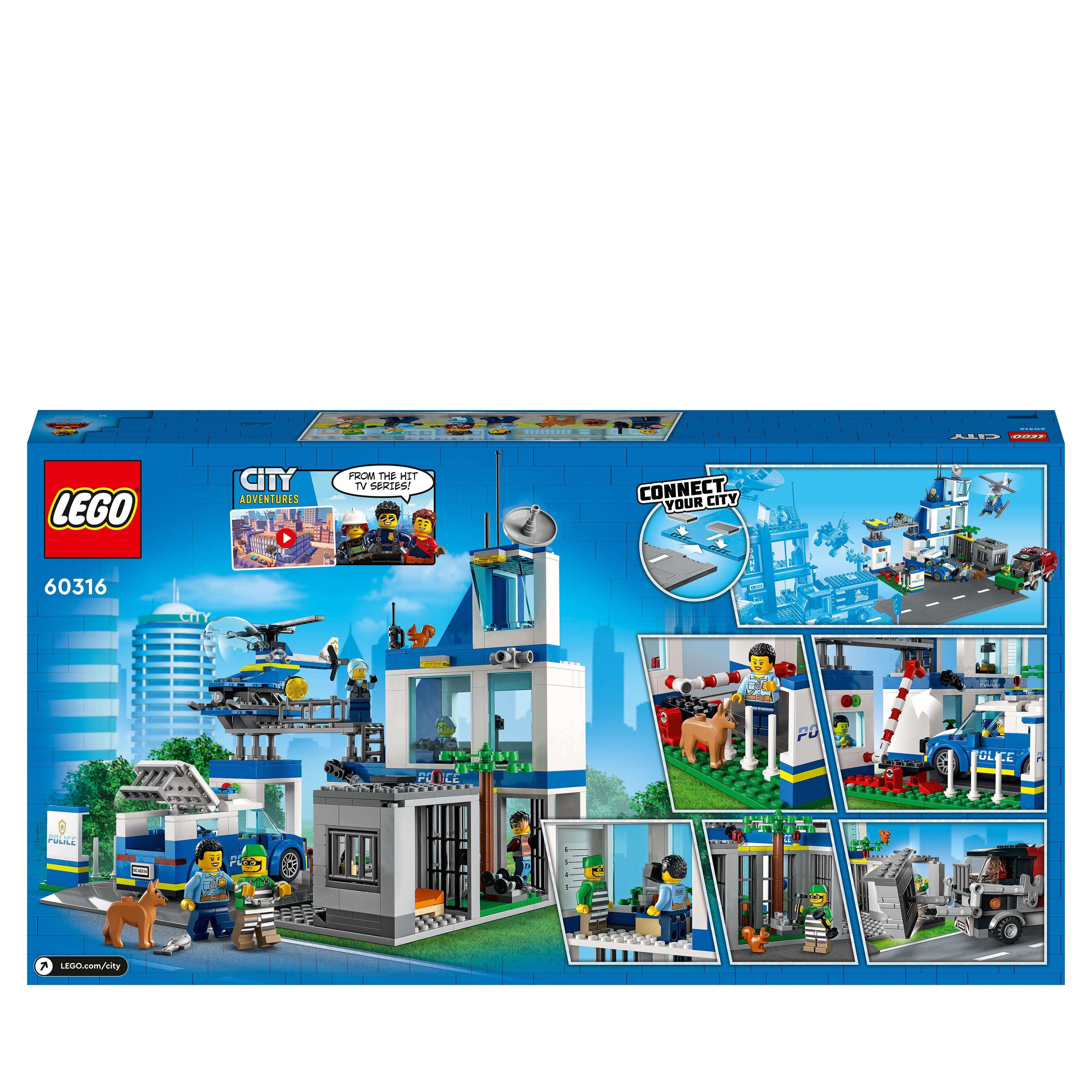 Rückseite einer Lego City Polizeistation-Box, die eine Szene zeigt.