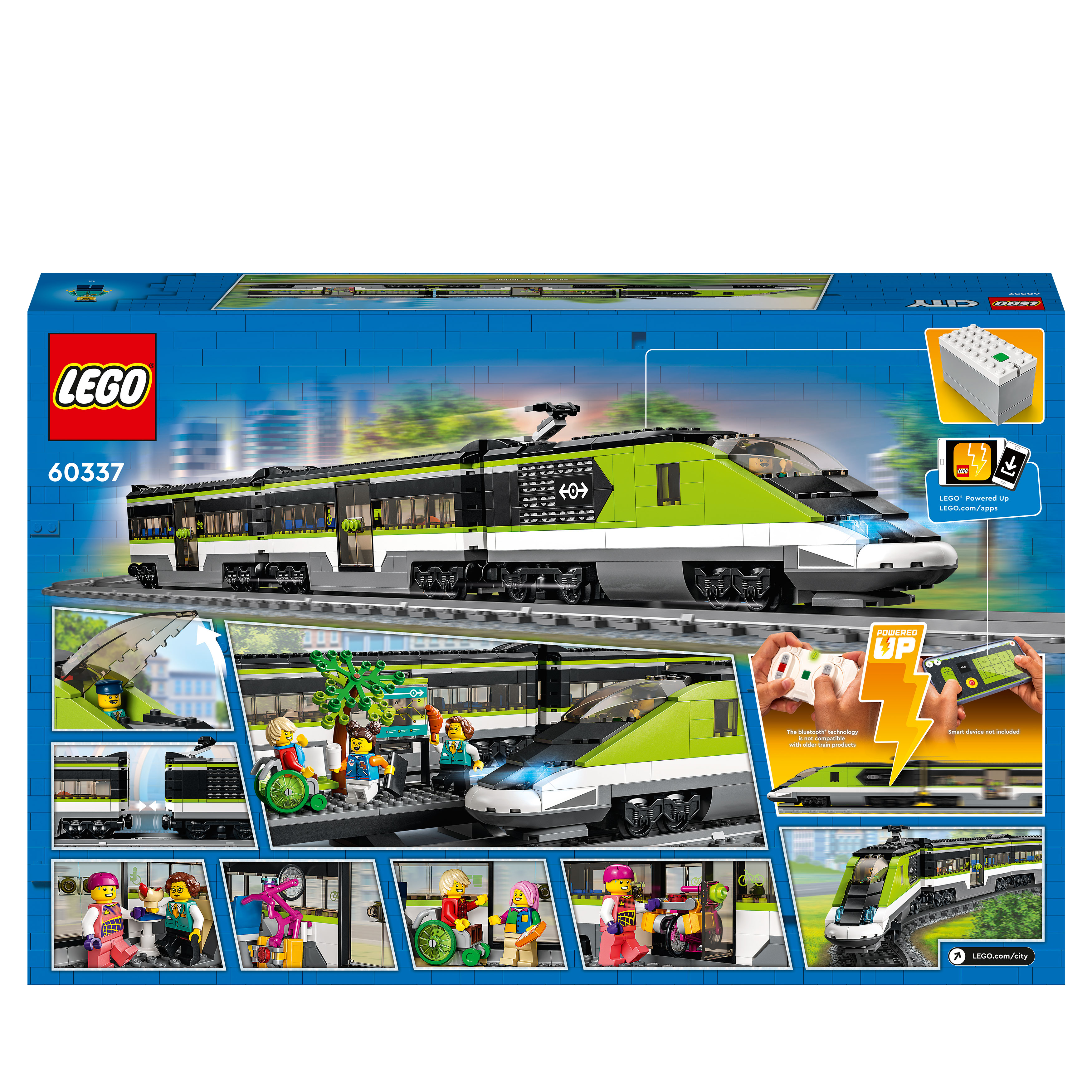 Lego City Zugset-Box, zeigt einen grünen und schwarzen Zug auf Gleisen mit Figuren und Zubehör.