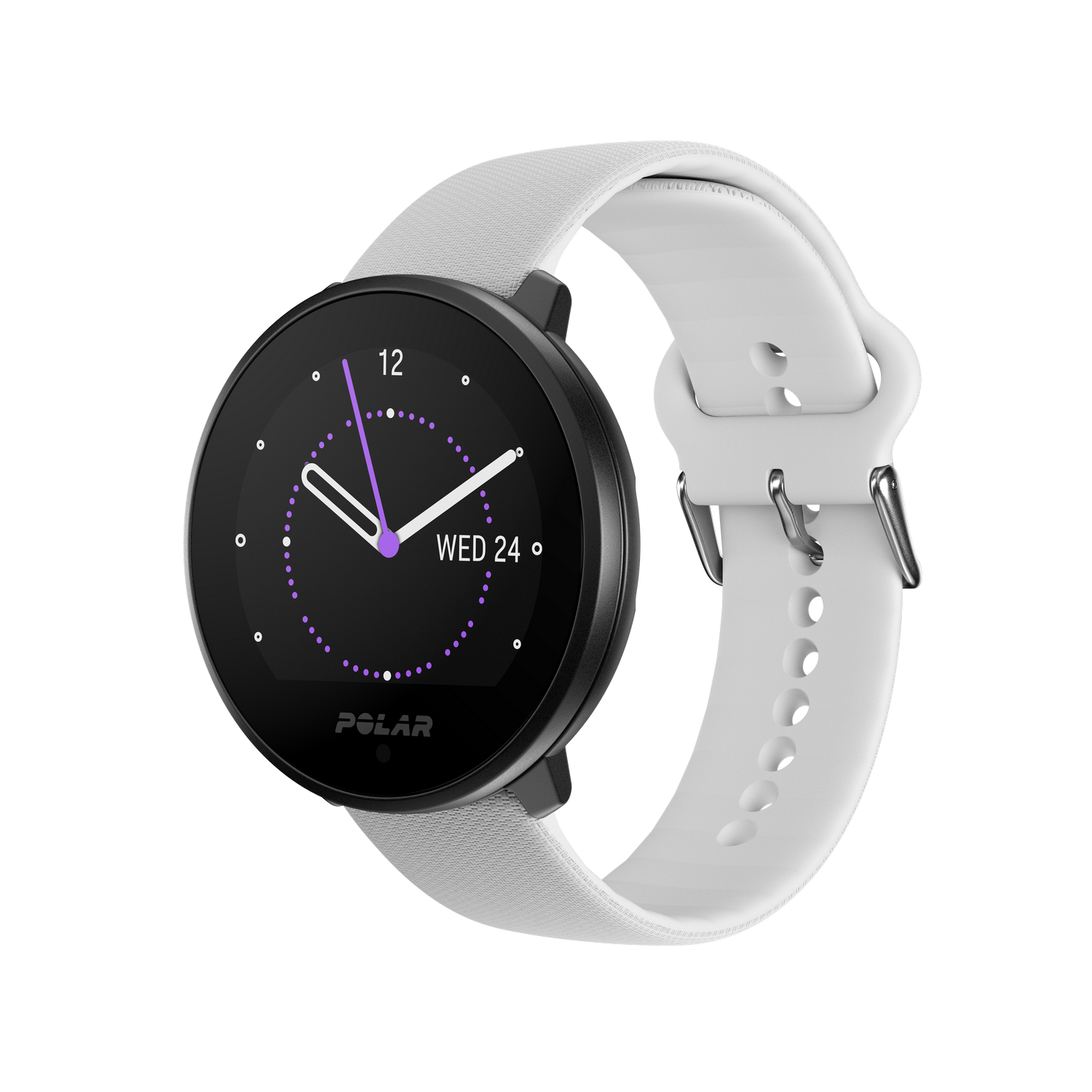 Zwarte smartwatch met een witte band, toont de datum en tijd, geïsoleerd op zwart.