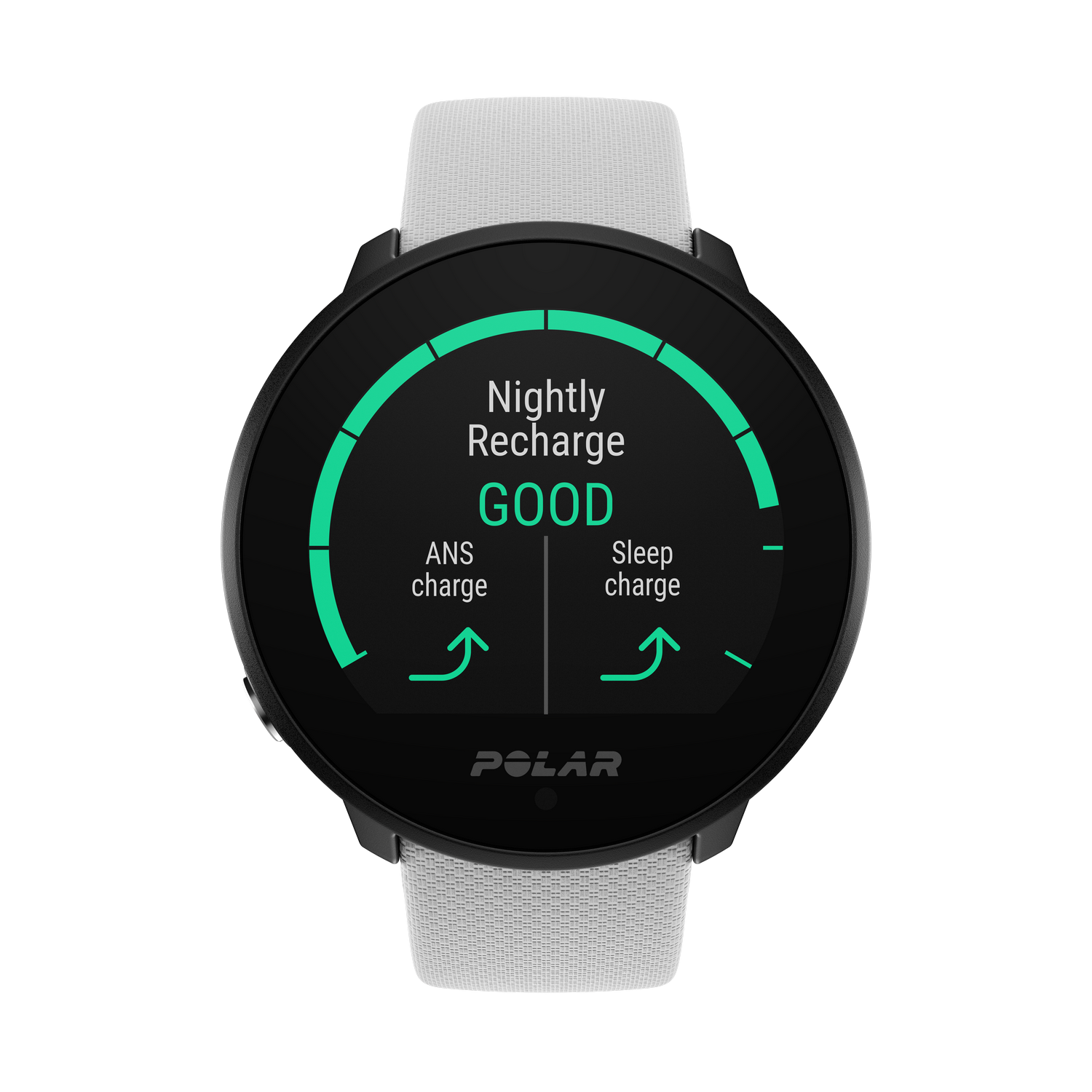 Een zwart-witte smartwatch, die slaap- en ANS-laadinformatie op het scherm toont.
