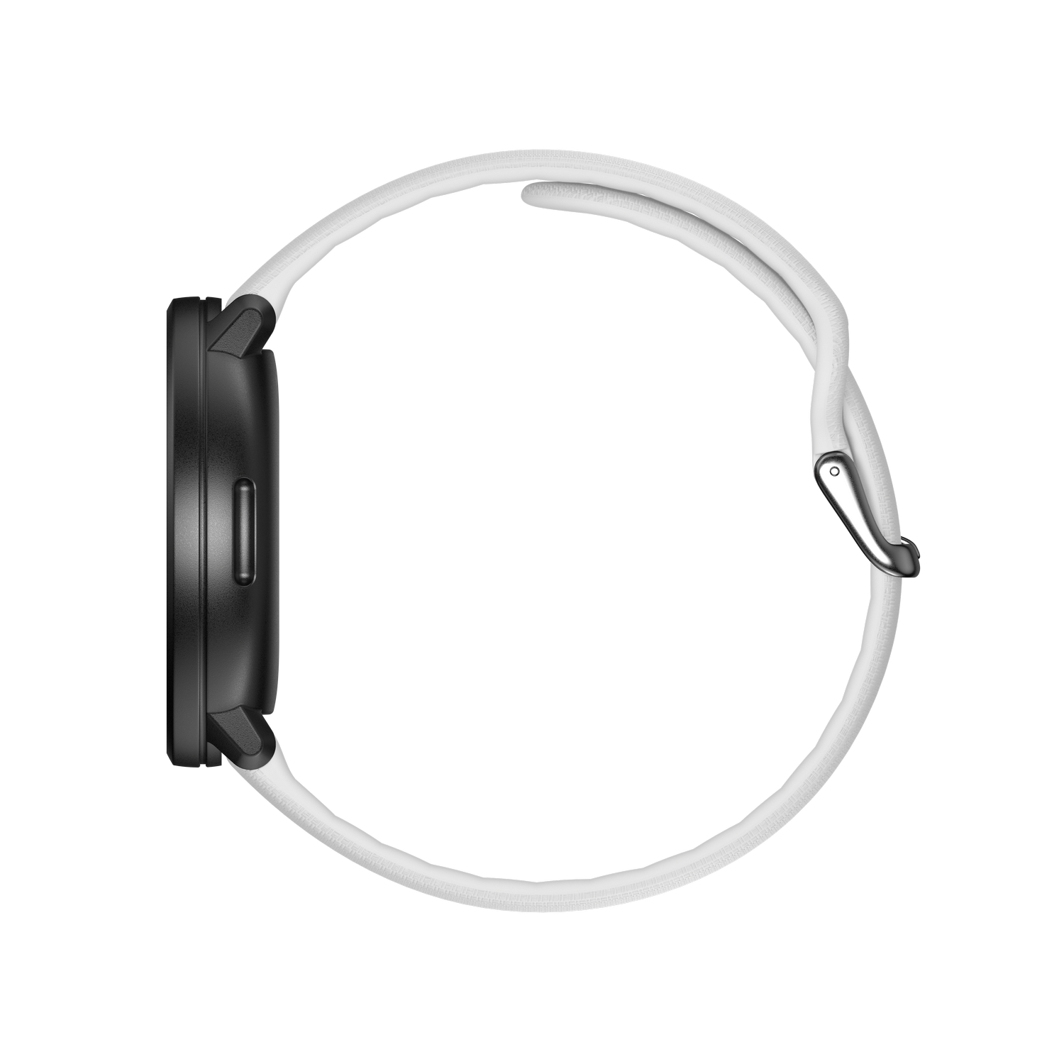 Zwarte smartwatch met witte band. Het wordt van de zijkant bekeken en toont het scherm en de knoppen.