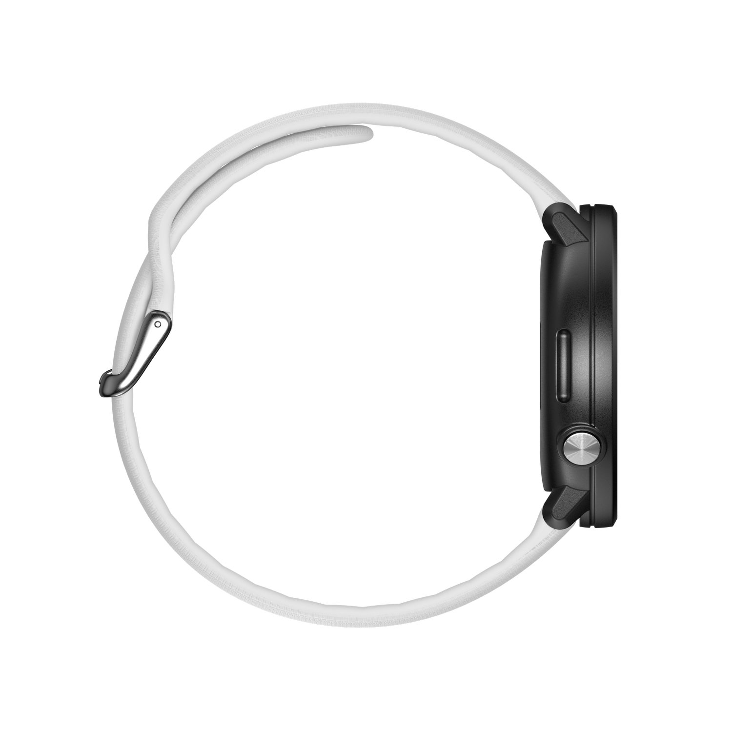 Zwarte smartwatch met witte band. Zijaanzicht. Display zichtbaar, met witte band omwikkeld.