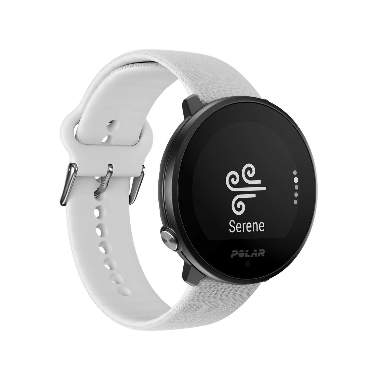 Een zwarte smartwatch met witte band toont 'Serene' op het scherm. De merknaam 'POLAR' staat eronder.