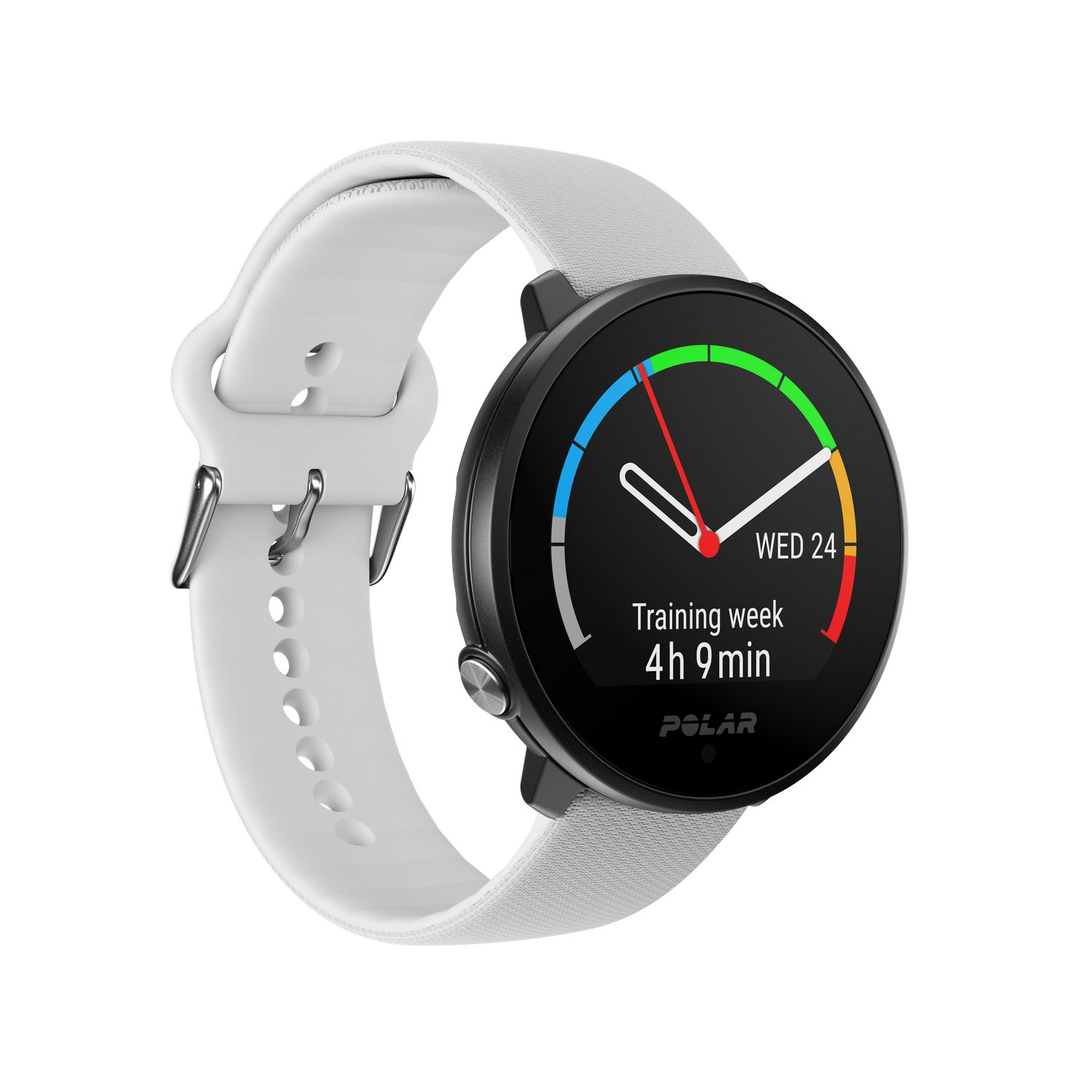 Smartwatch met een witte band die trainingsgegevens weergeeft.