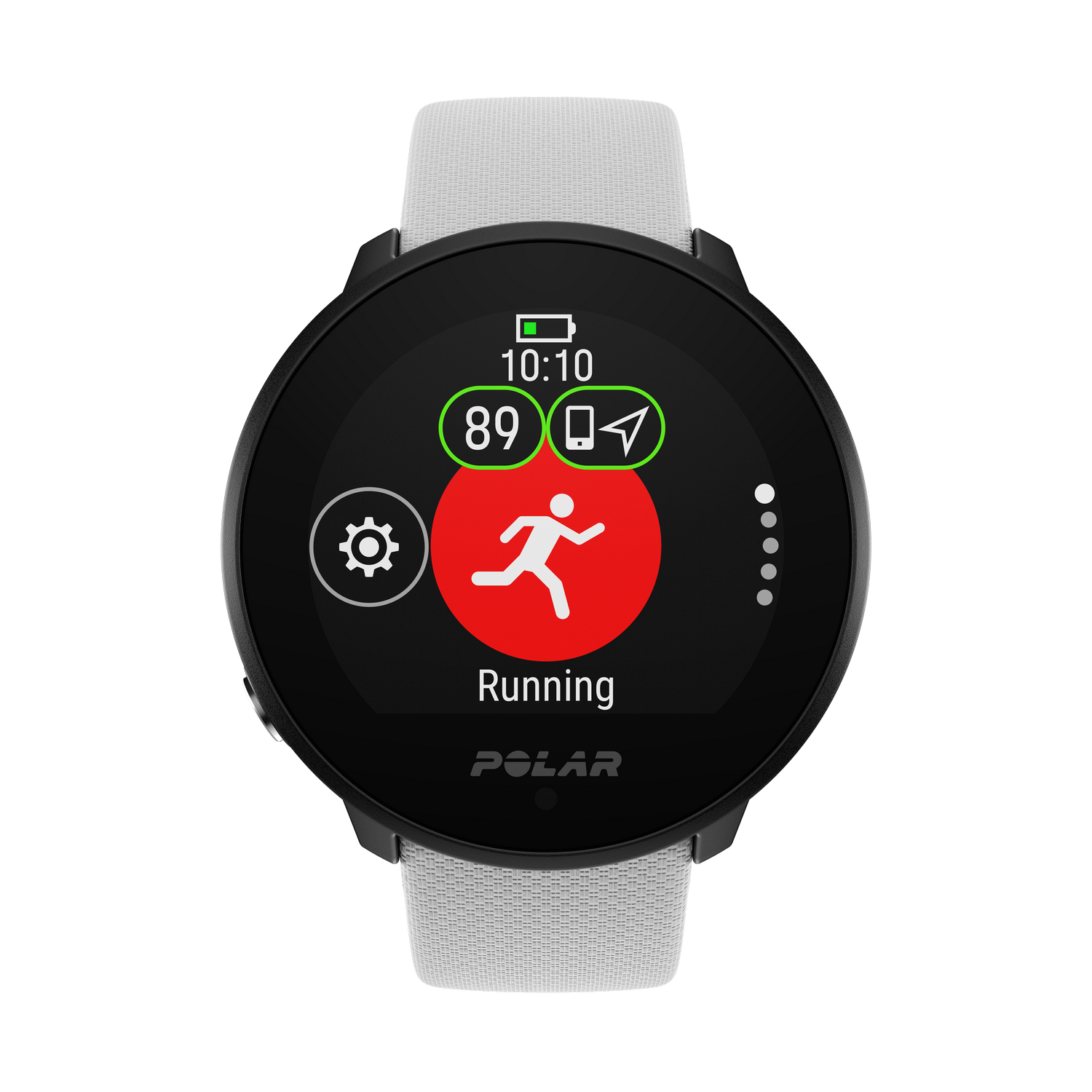Een zwarte smartwatch geeft de tijd, batterijduur en een hardloopicoon weer op een rode achtergrond.