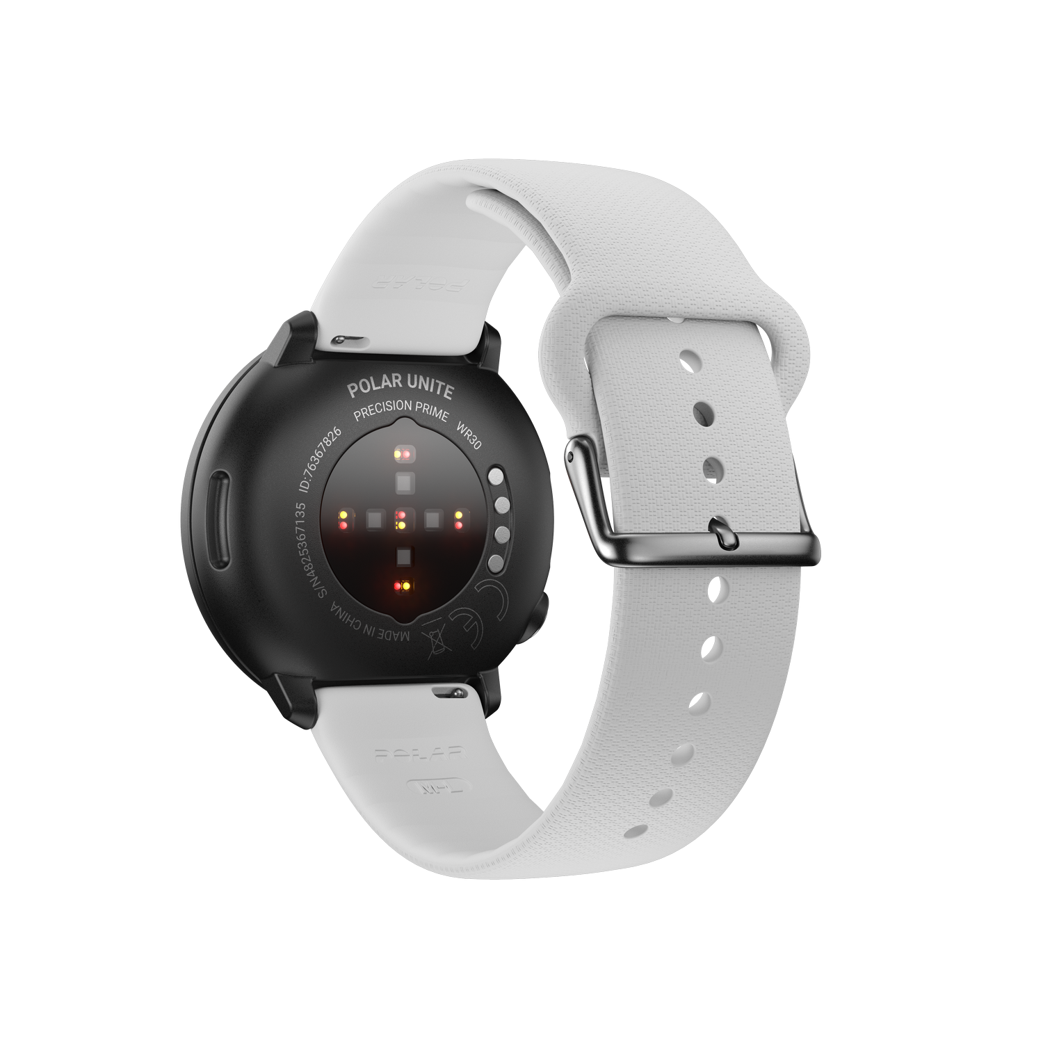 Zwart Polar Unite horloge met een witte band, met de voorkant naar beneden, toont hartslagsensoren.
