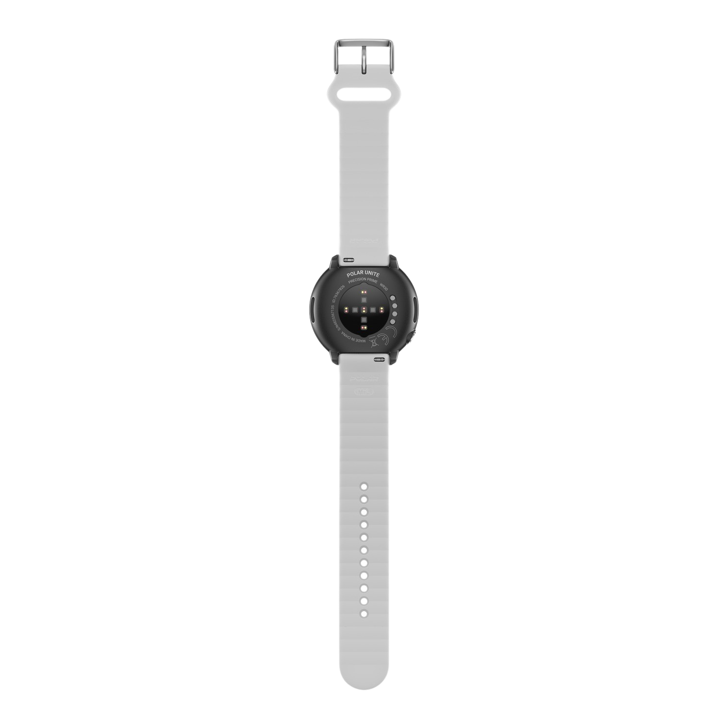 Een grijze smartwatch, achterkant naar boven, met een witte band.