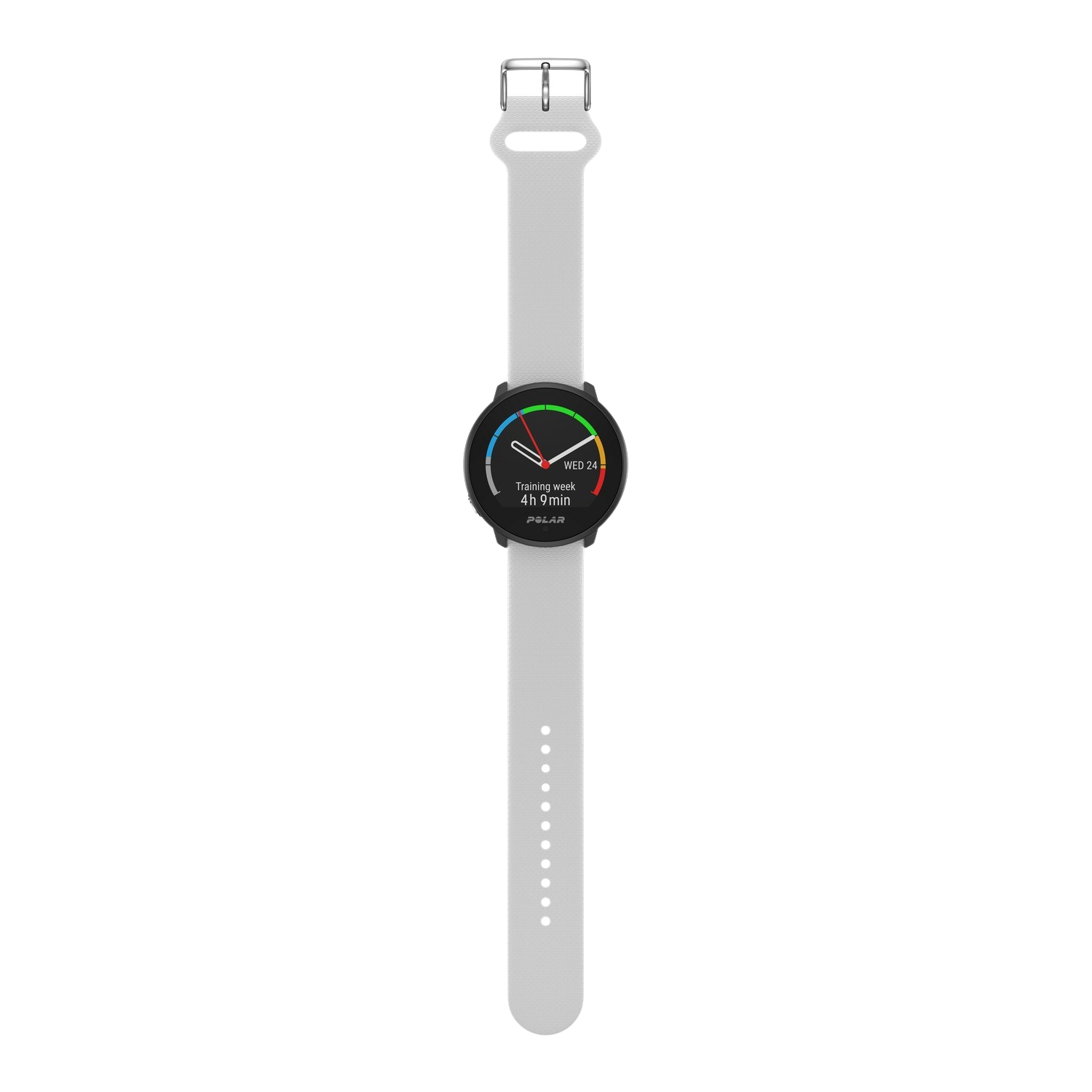 Een grijze smartwatch met een witte band die een overzicht van de trainingsweek weergeeft.