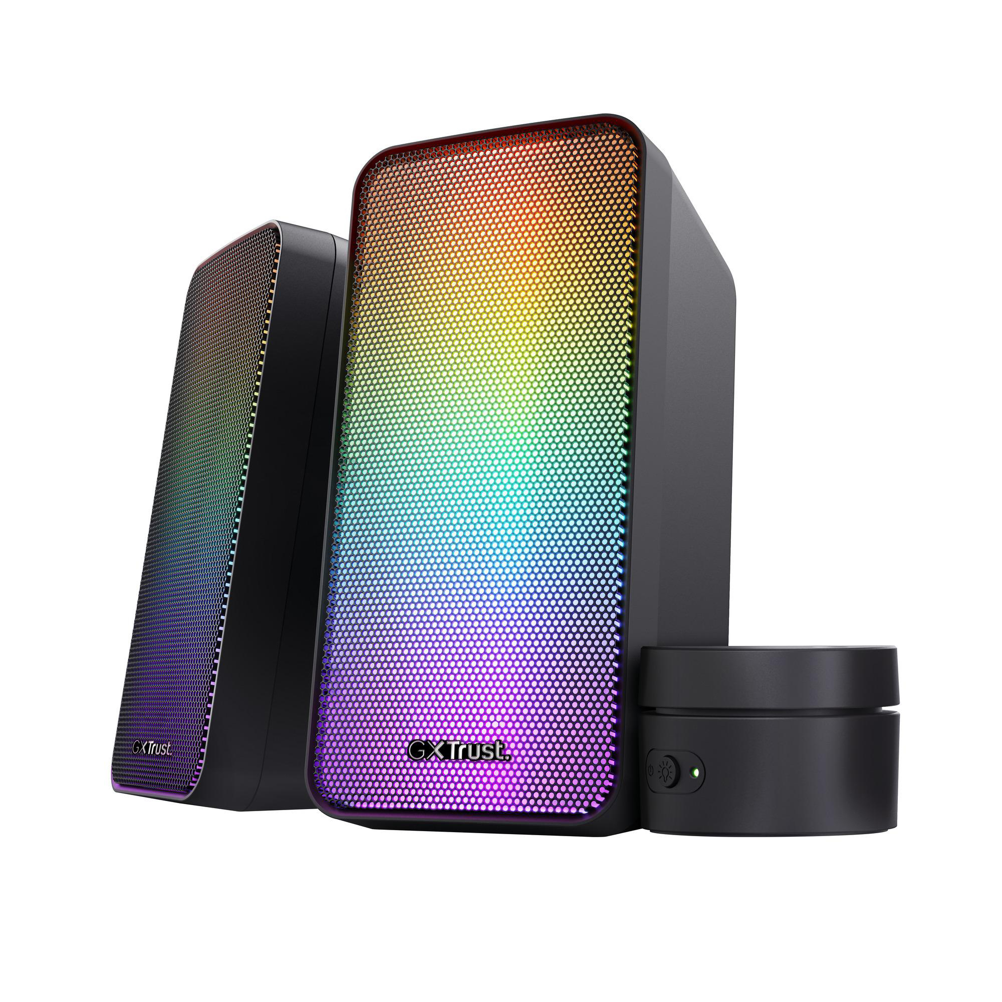 Zwei schwarze Computerlautsprecher mit lebendigen RGB-Gittervorderseiten und einem kleinen runden Lautstärkeregler.