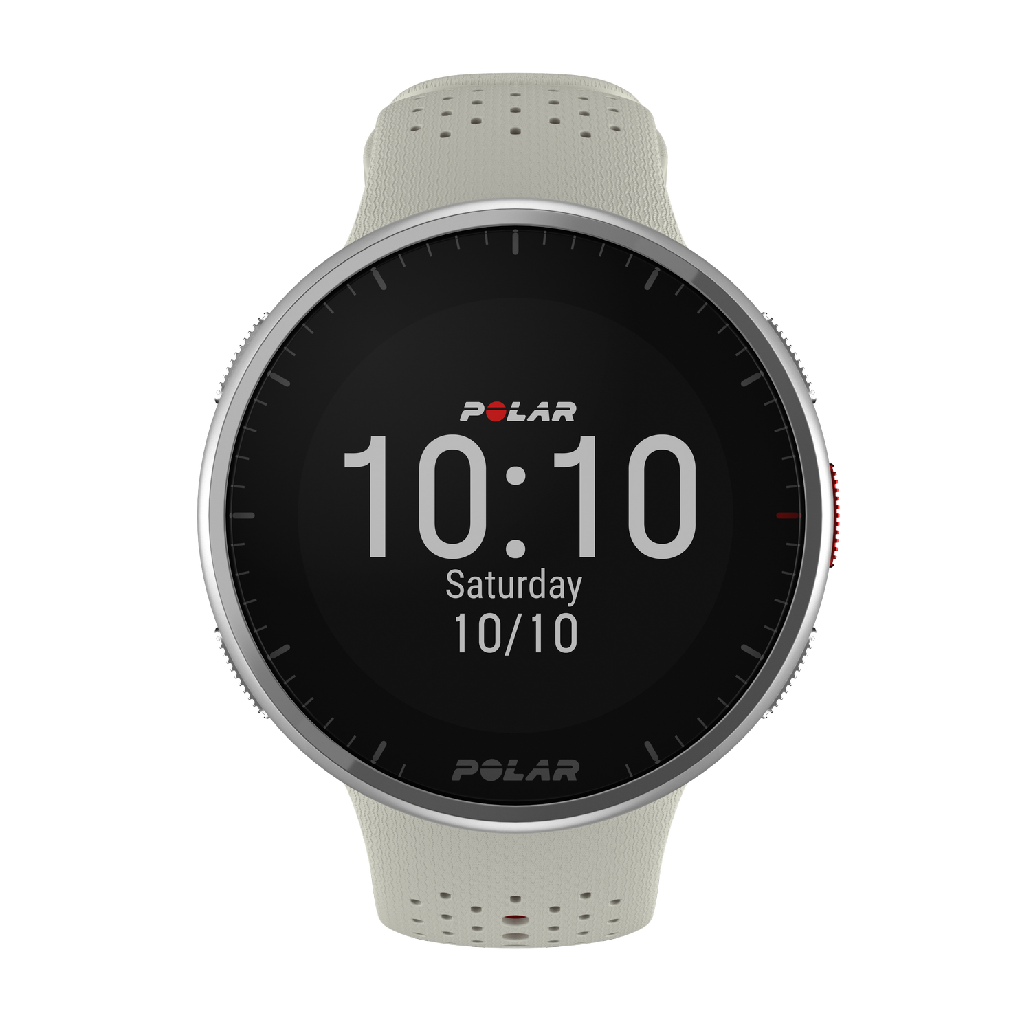 A gray sports watch with a black face displaying 10:10 and Saturday 10/10.