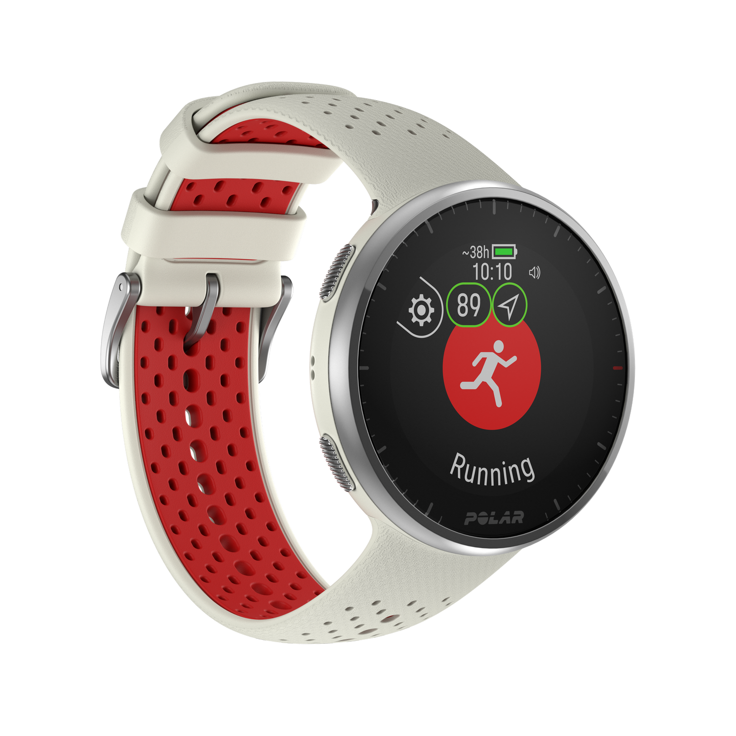 A white and red smartwatch displaying a running icon and the word 'Running'.