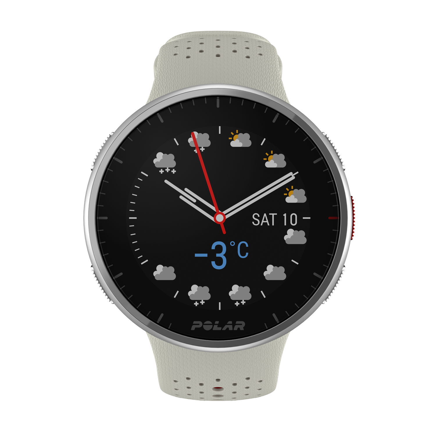 Gray smartwatch with white band shows -3°C and weather icons.