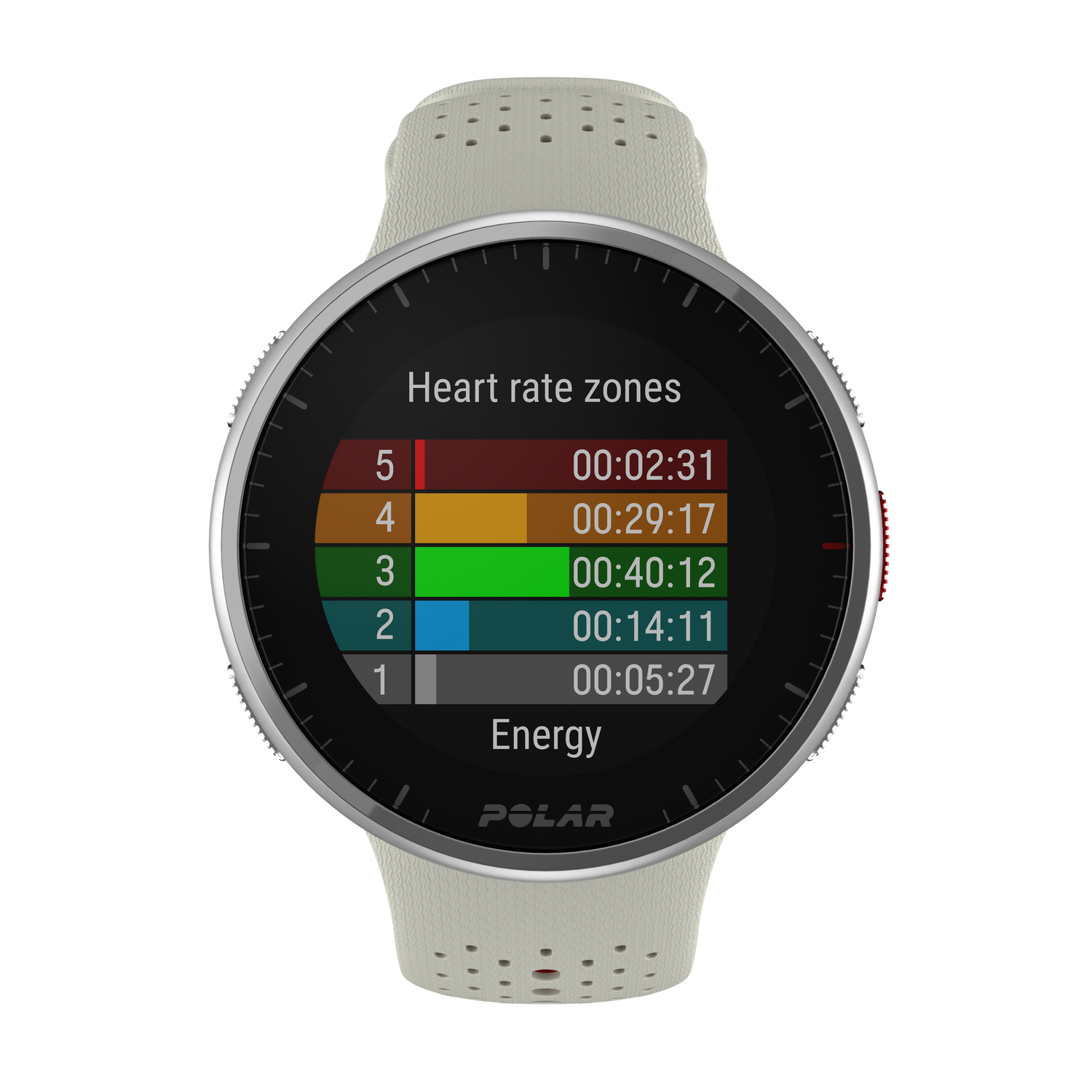 Polar smartwatch displaying heart rate zones and energy consumption.