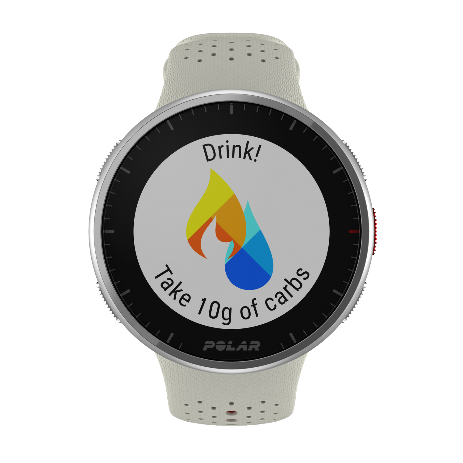 Gray smartwatch displaying: 'Drink! Take 10g of carbs.'